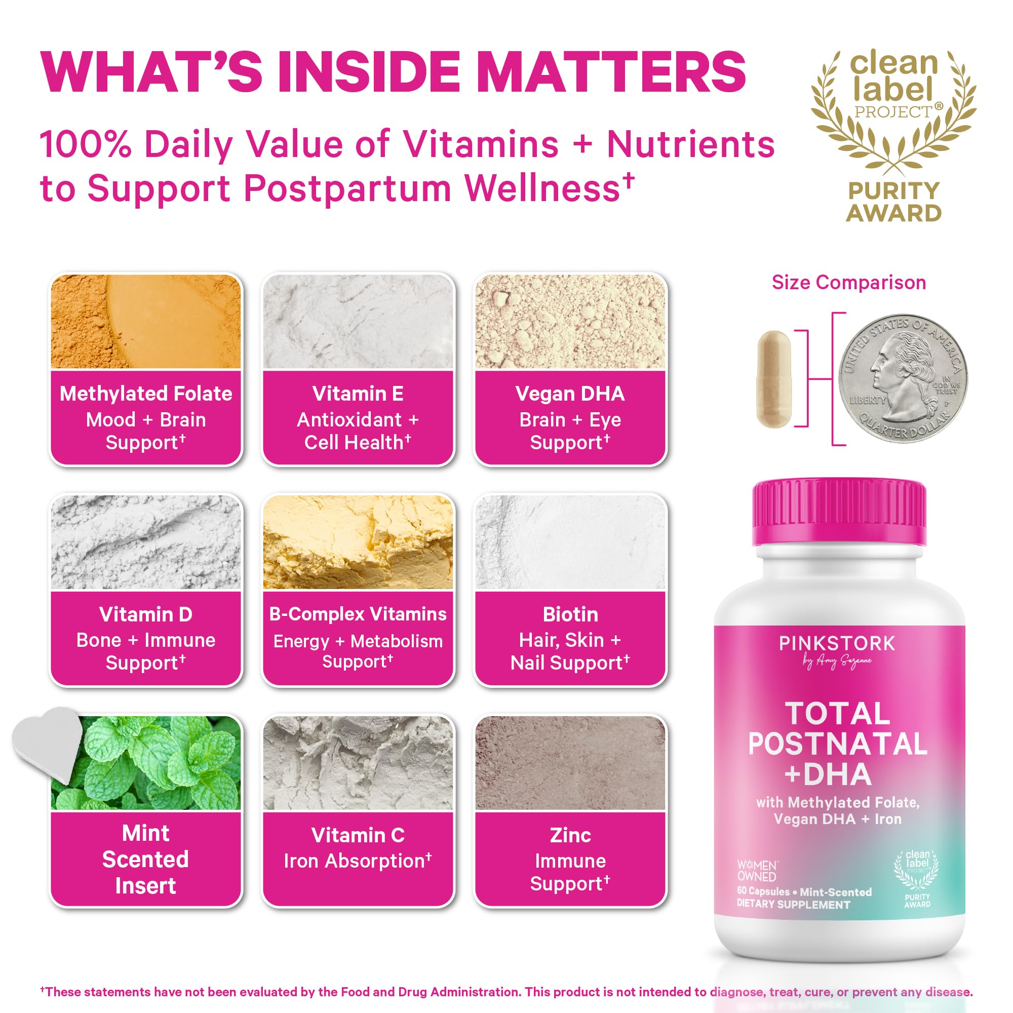 Pink Stork Total Postnatal Multivitamin bottle with capsules