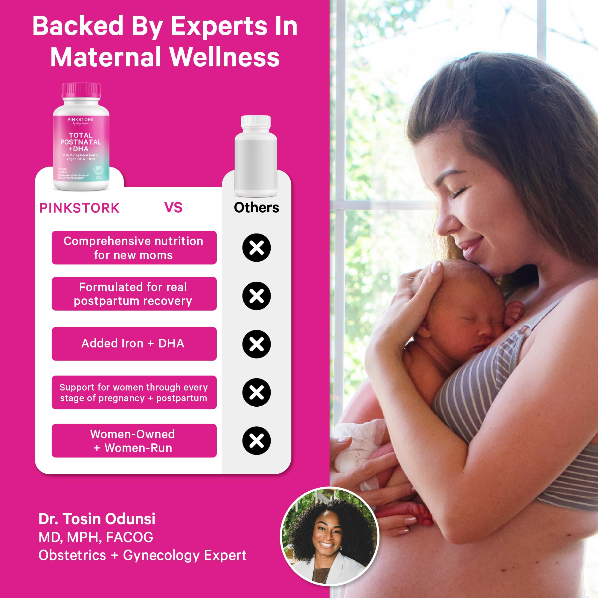 Pink Stork Total Postnatal Multivitamin capsules on a wooden surface