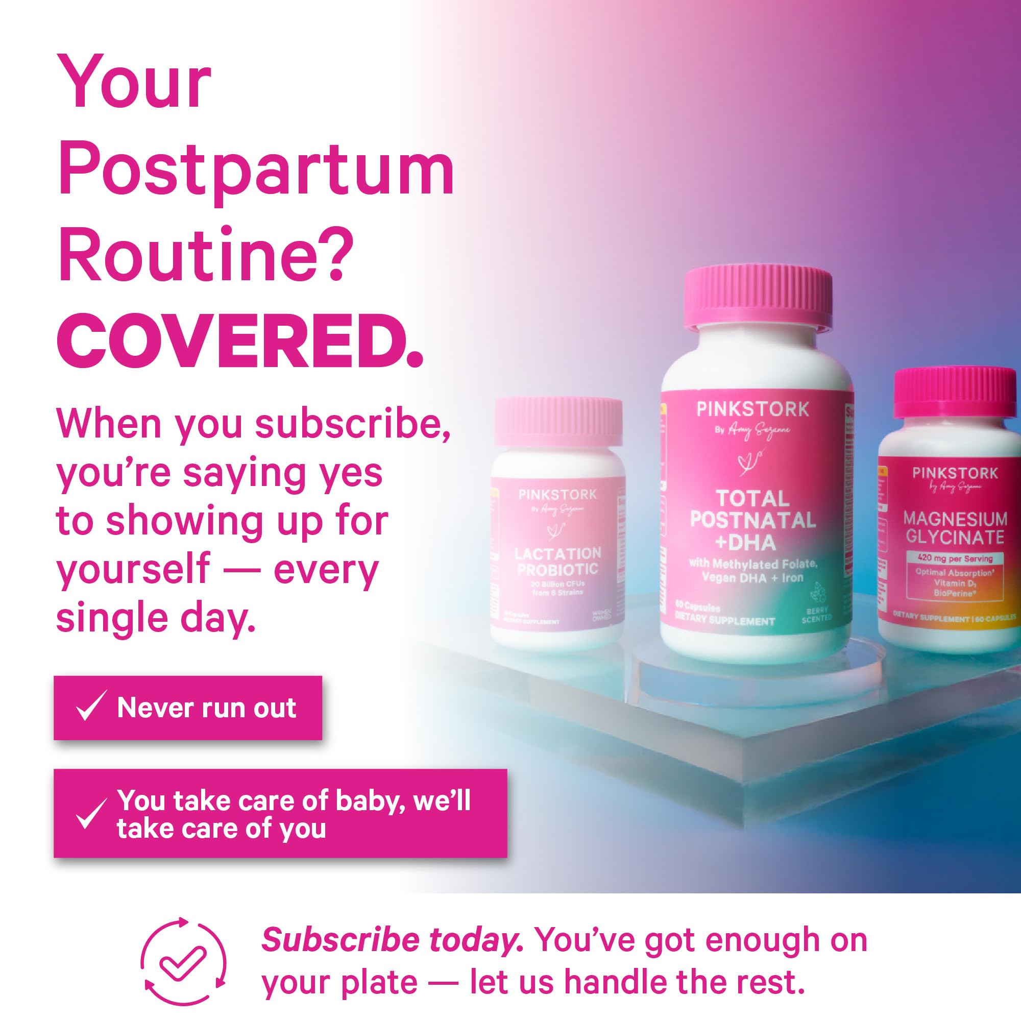 Pink Stork Total Postnatal Multivitamin capsules with heart-shaped ScentCert