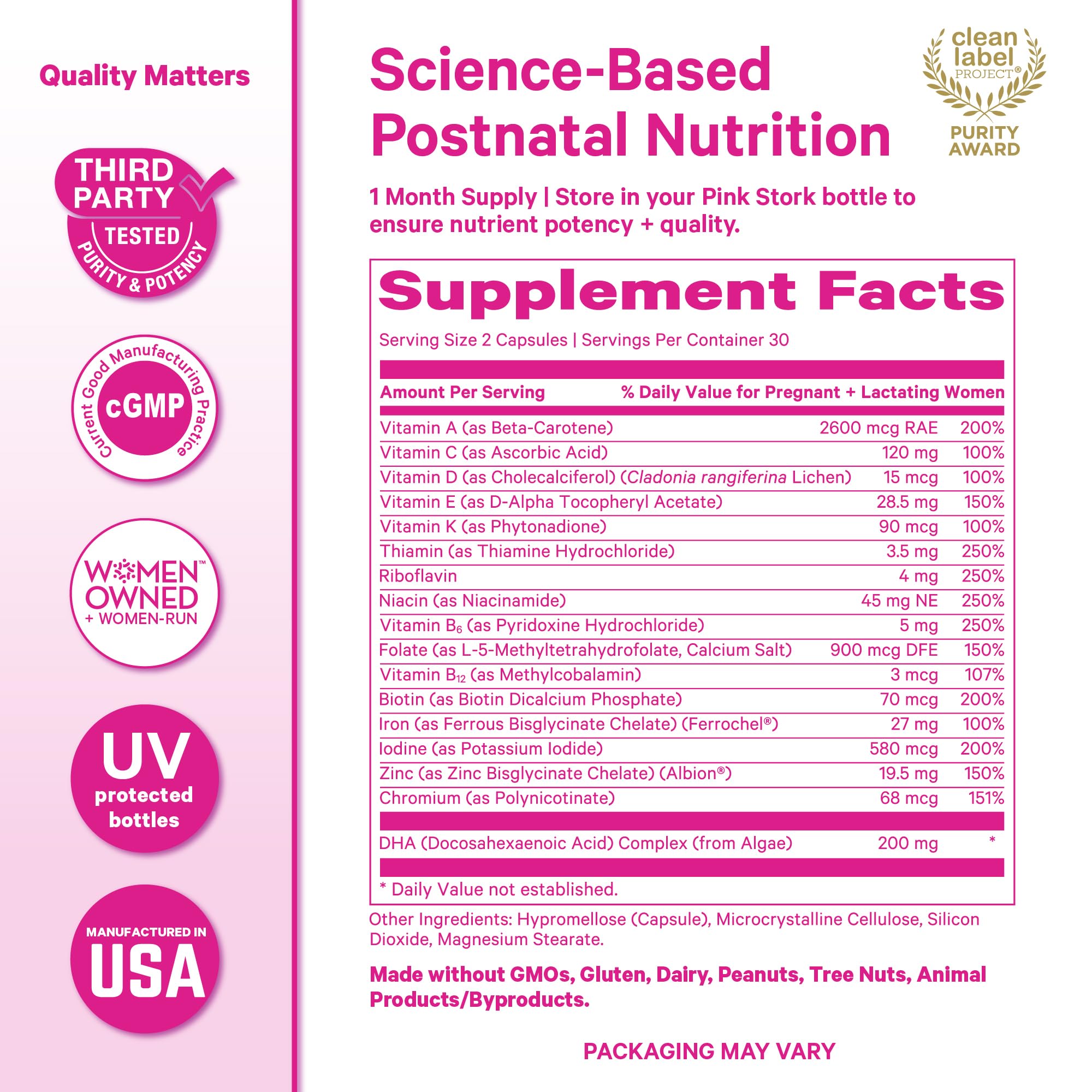 Pink Stork Total Postnatal Multivitamin packaging with dimensions