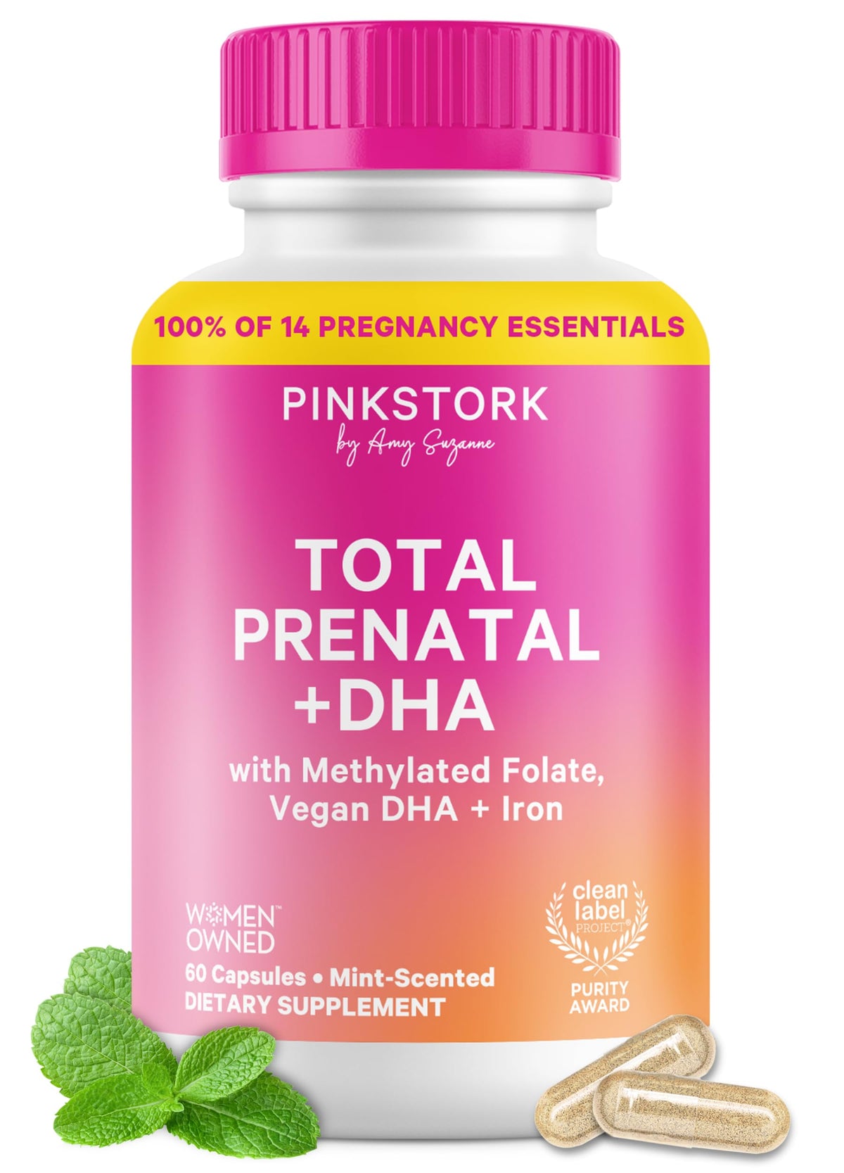 Pink Stork Total Prenatal + DHA 60 capsules front view