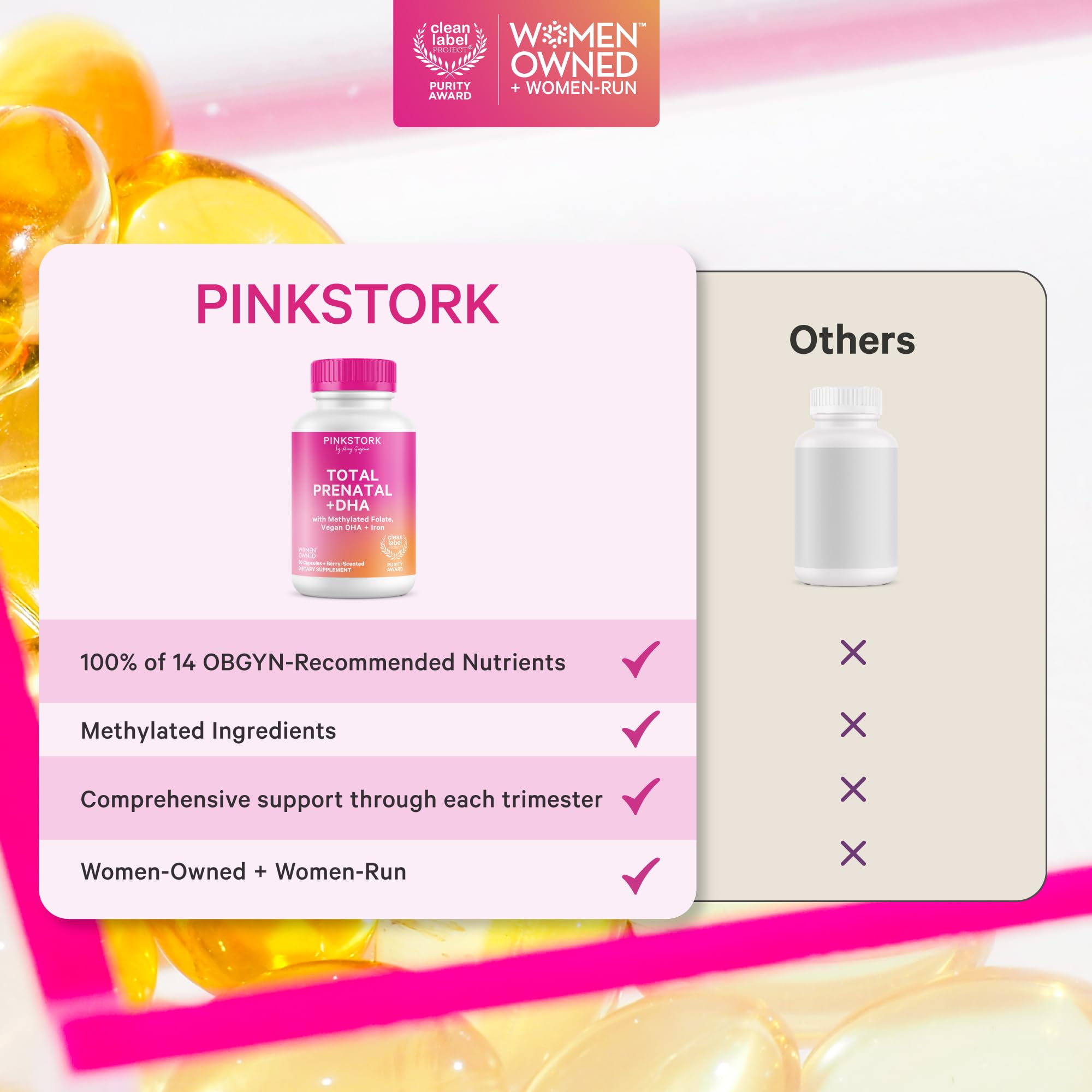Pink Stork Total Prenatal + DHA capsules in hand