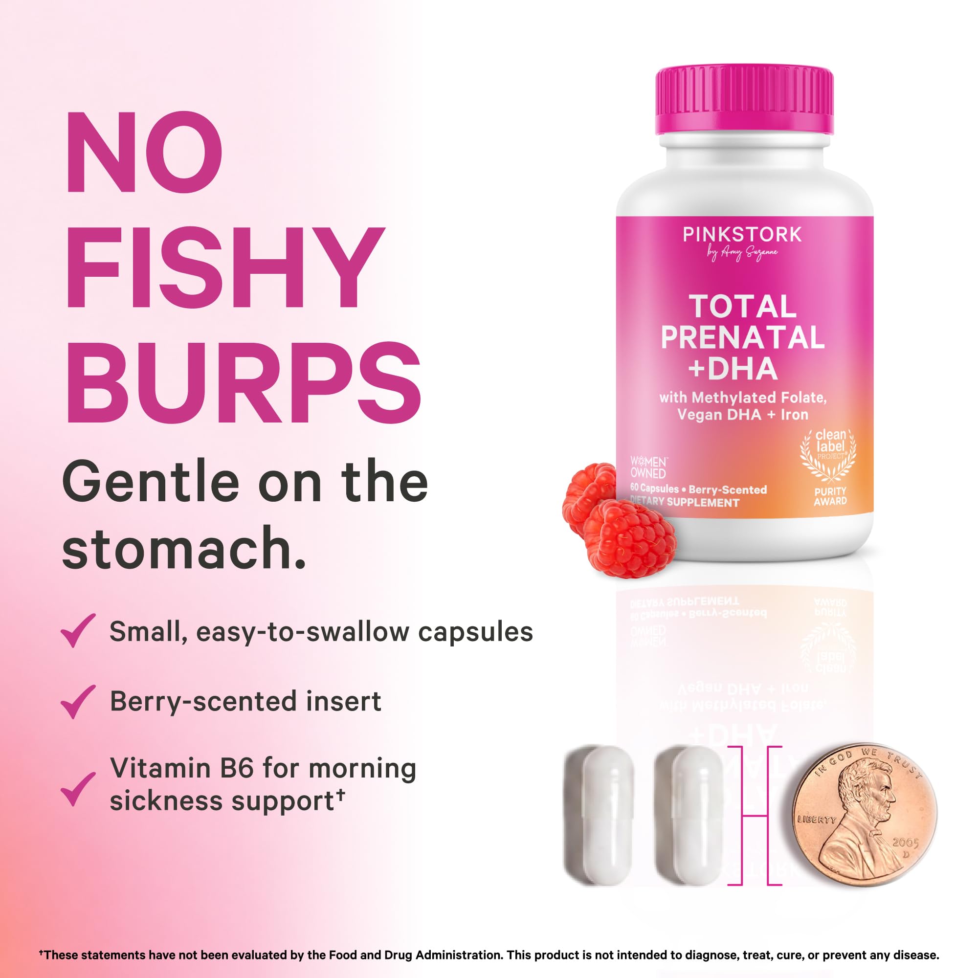 Pink Stork Total Prenatal + DHA capsules on a wooden table