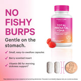 Pink Stork Total Prenatal + DHA capsules on a wooden table