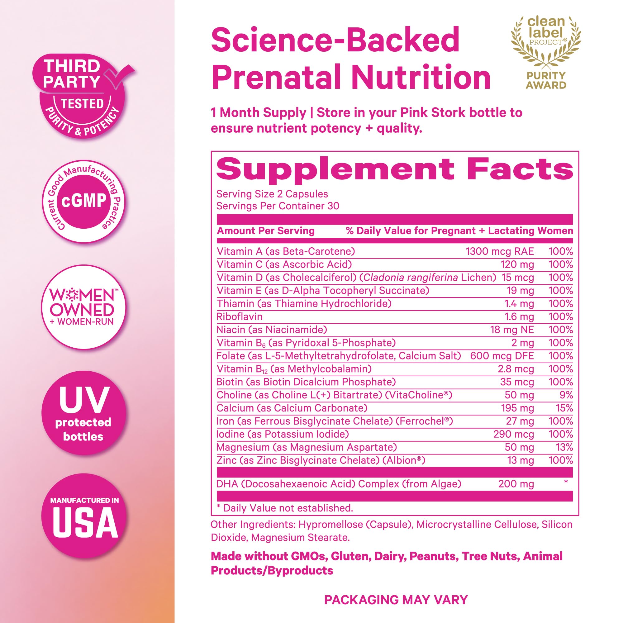 Pink Stork Total Prenatal + DHA capsules with a measuring spoon