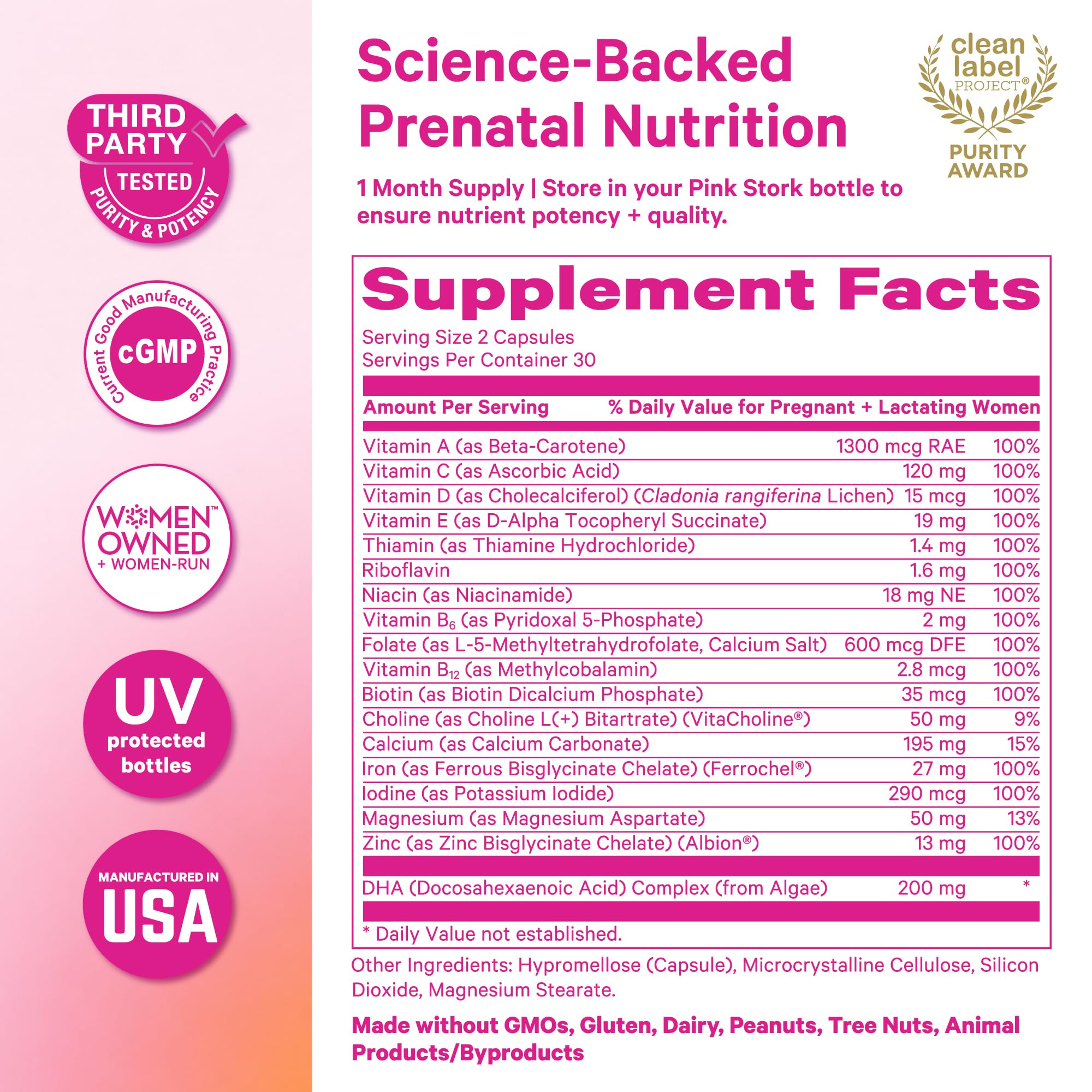 Pink Stork Total Prenatal + DHA nutritional information
