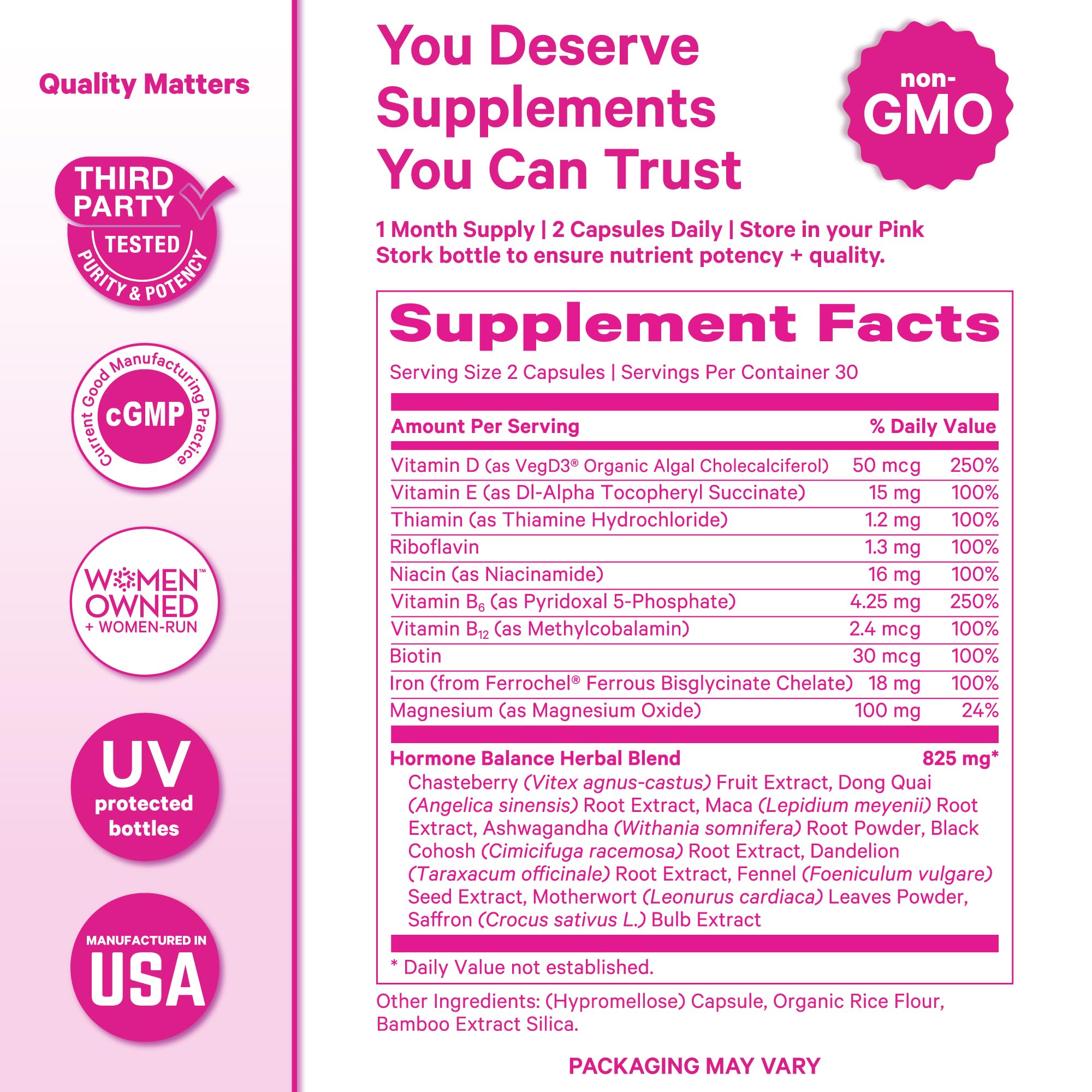 Pink Stork Women's Daily Multivitamin bottle with a light berry-scented insert