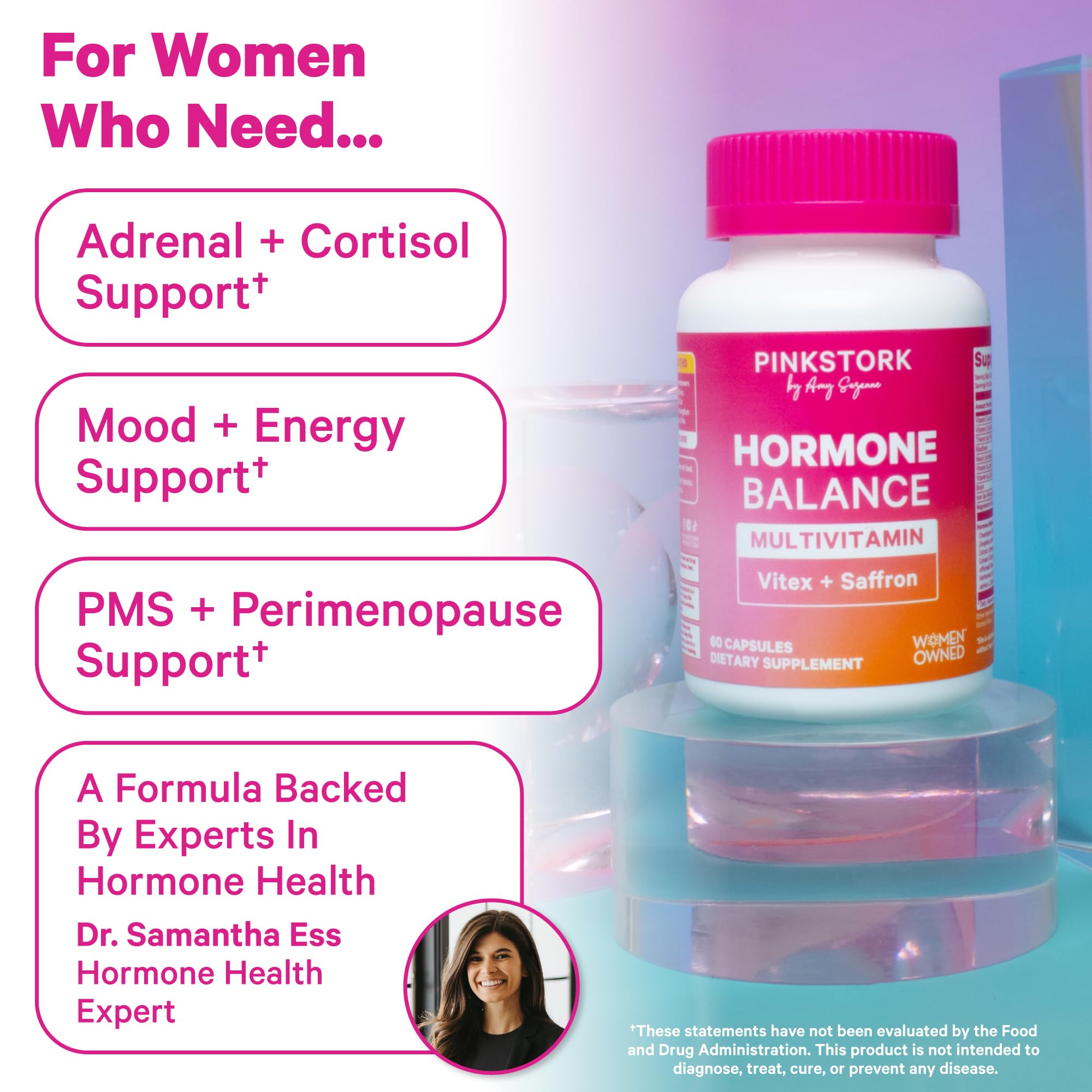 Pink Stork Women's Daily Multivitamin capsules on a table