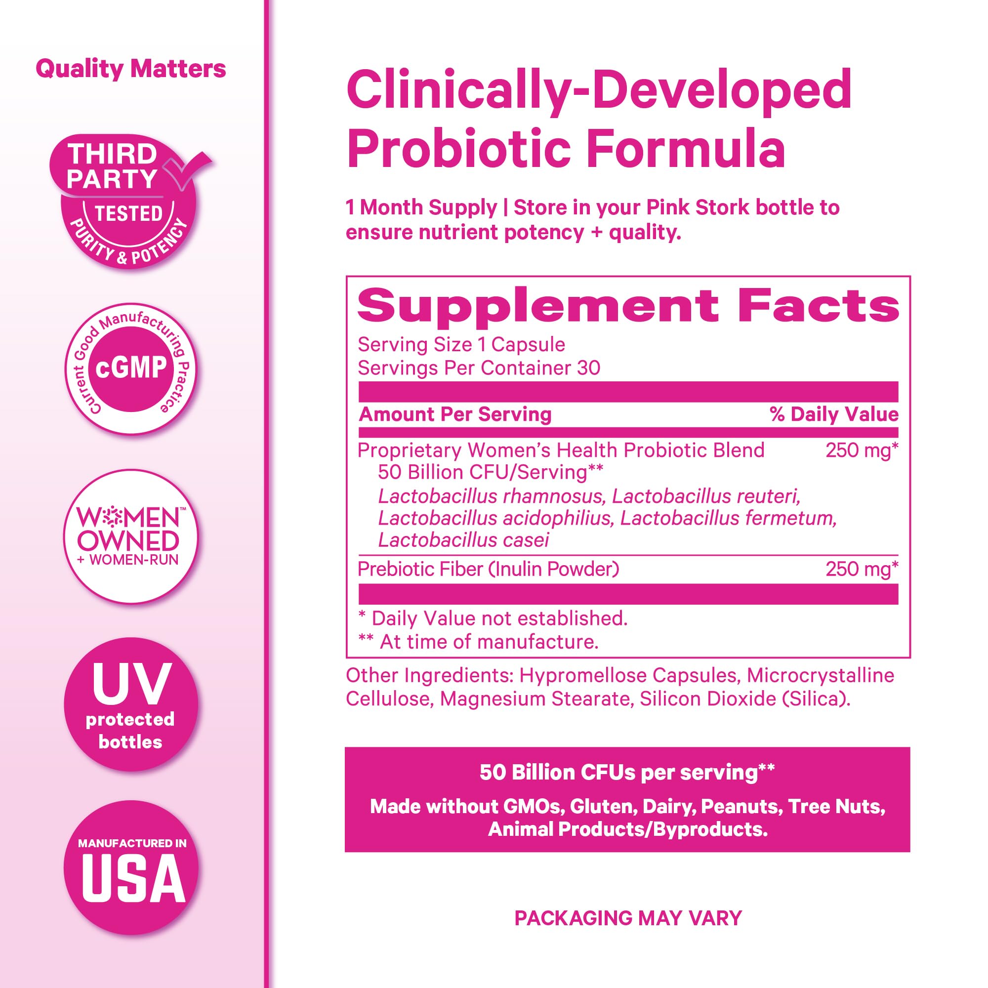 Pink Stork Women's Probiotics on a wooden table