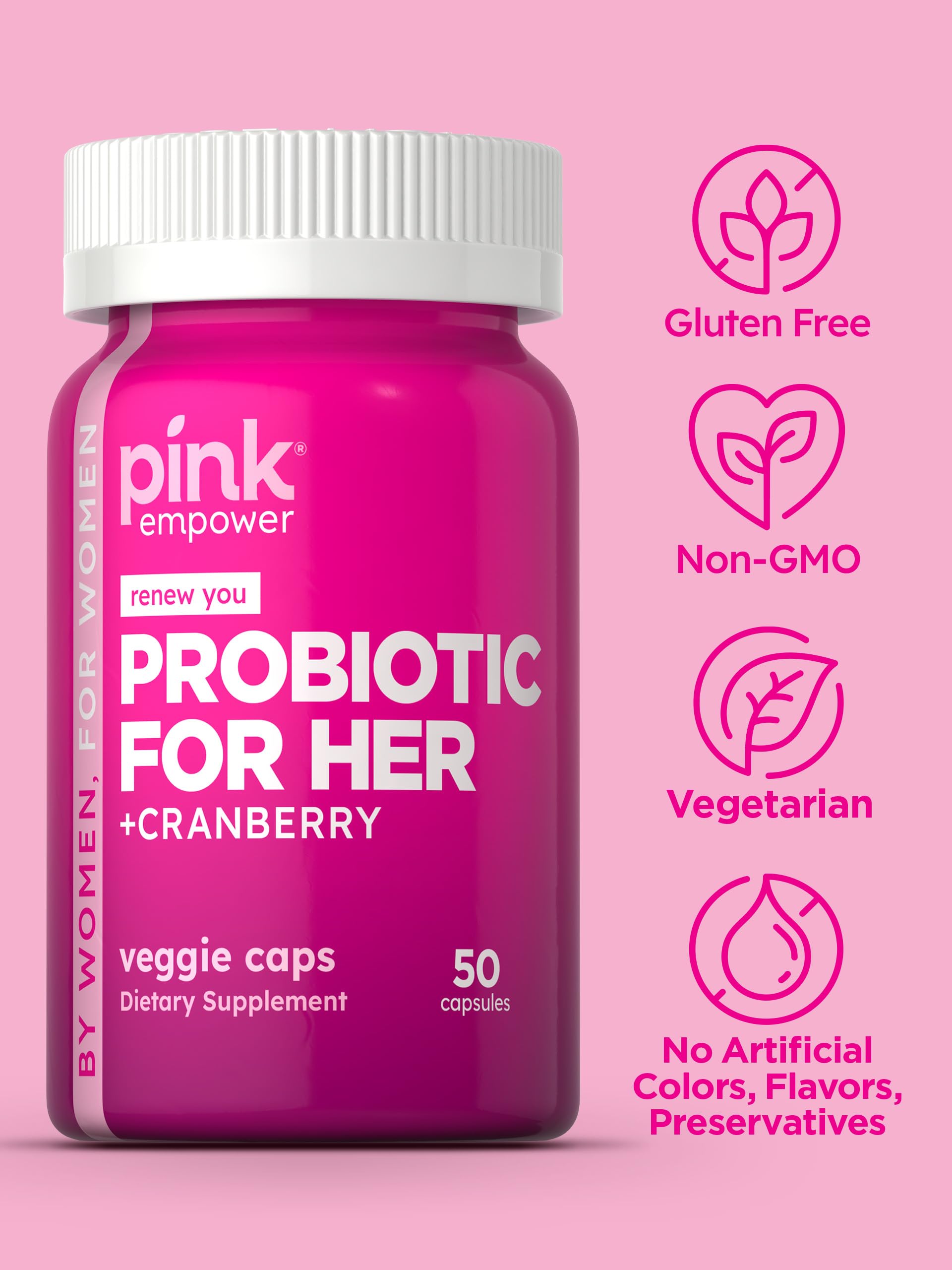PINK Women's Probiotic Cranberry Supplement displayed with a glass of water