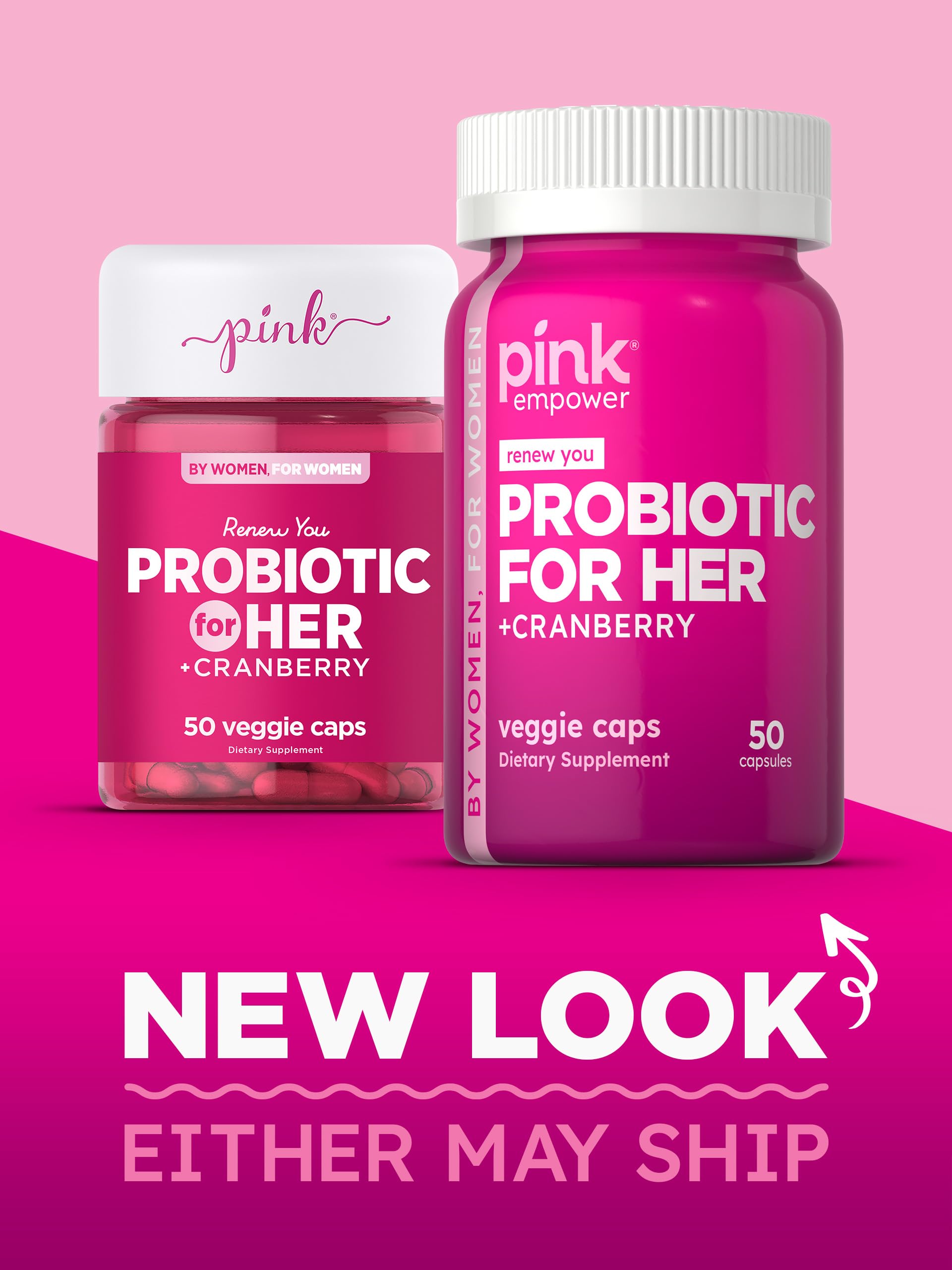 PINK Women's Probiotic Cranberry Supplement lifestyle scene with a woman taking a capsule