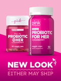 PINK Women's Probiotic Cranberry Supplement lifestyle scene with a woman taking a capsule