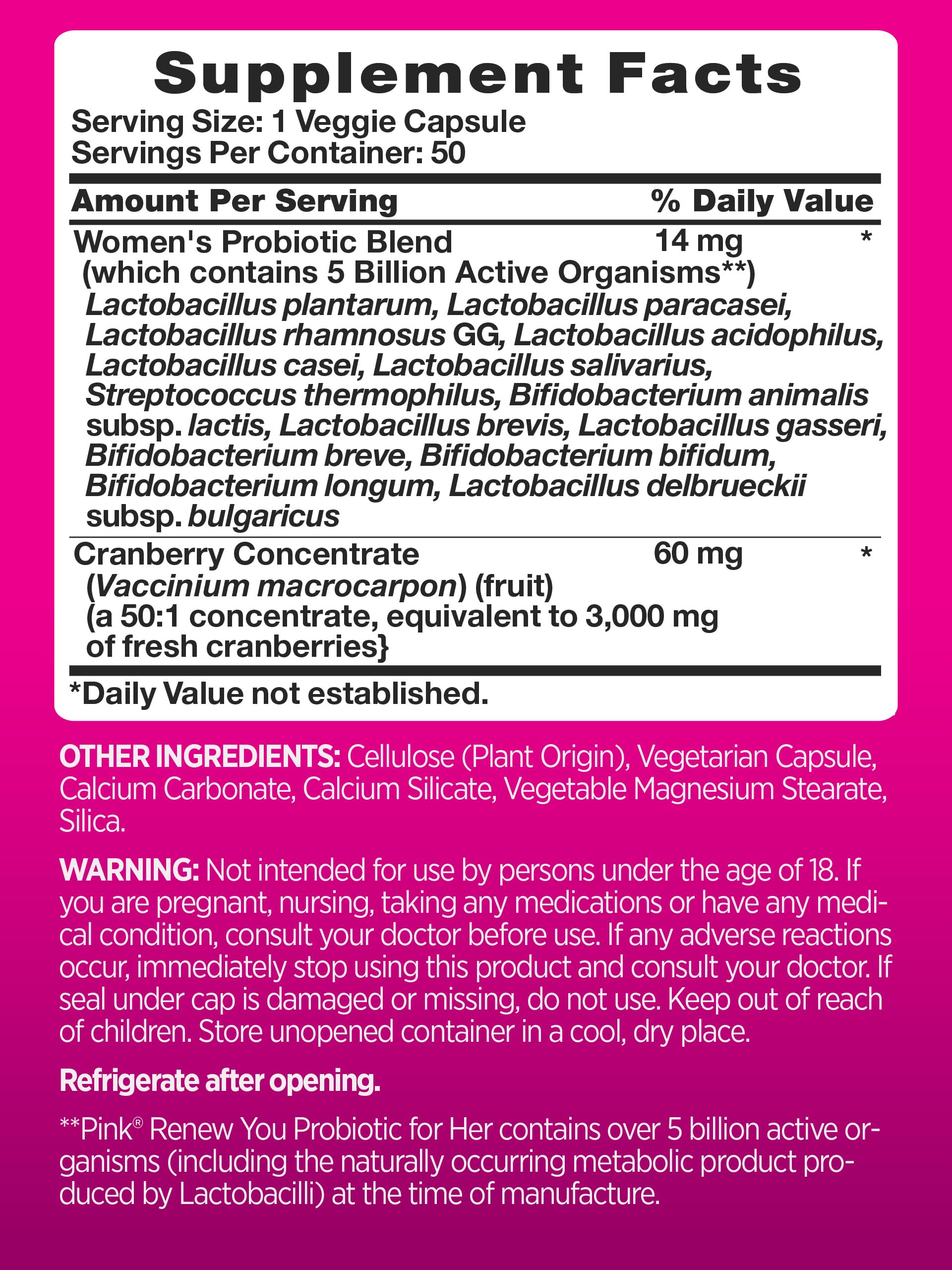 PINK Women's Probiotic Cranberry Supplement side view showing capsule details