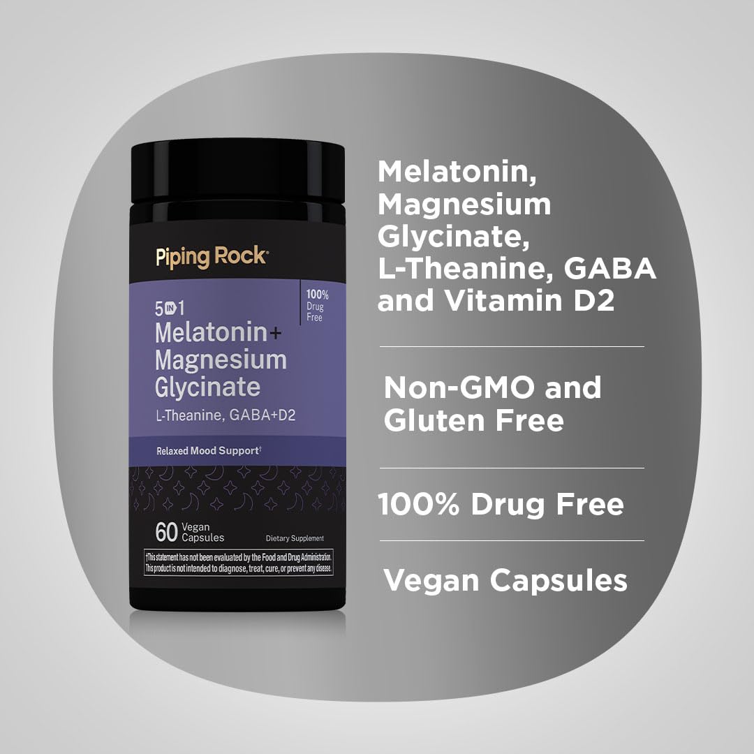 Piping Rock 5-IN-1 Sleep Supplement Capsules with ingredients list