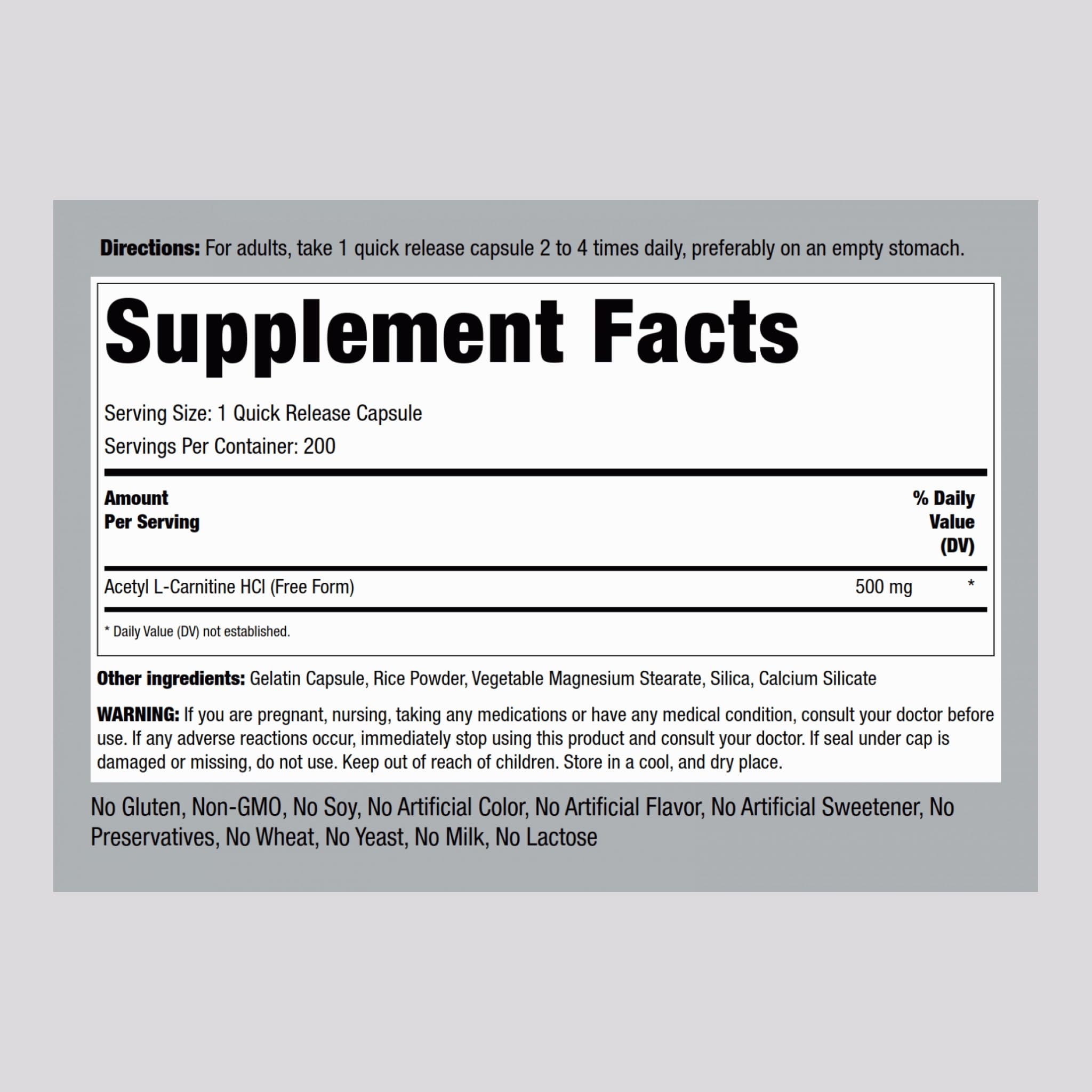 Piping Rock Acetyl-L-Carnitine 181g side view showing capsule details