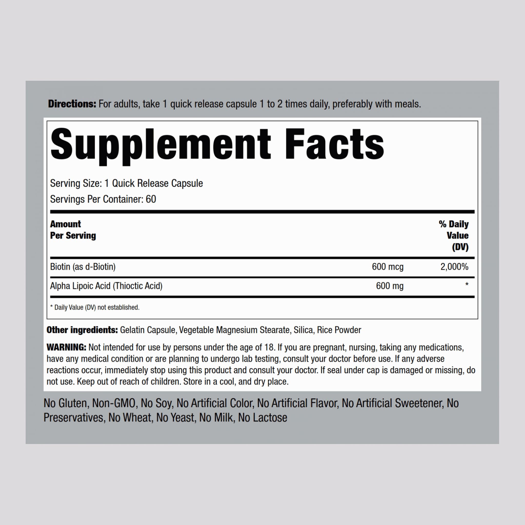 Piping Rock Alpha Lipoic Acid 600 mg capsules side view