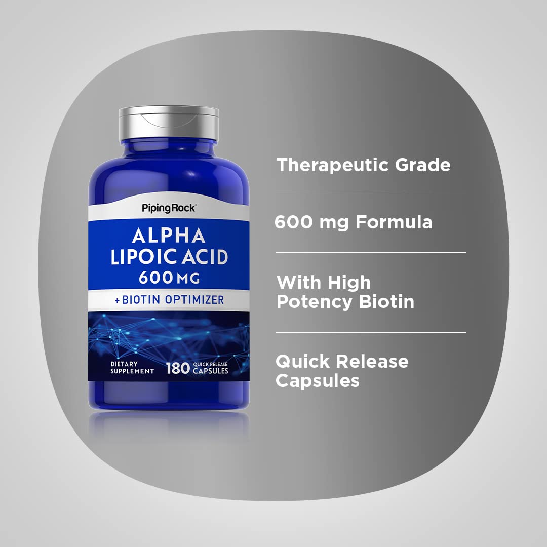 Piping Rock Alpha Lipoic Acid 600mg capsules on a wooden surface