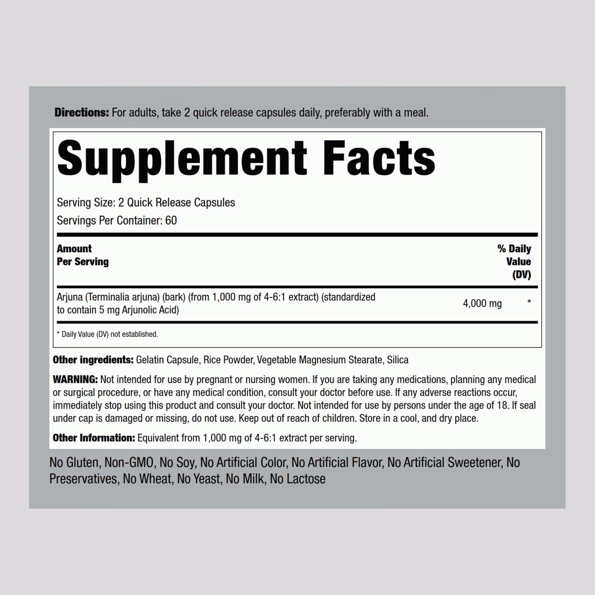 Piping Rock Arjuna Herbal Supplement back view with ingredient details