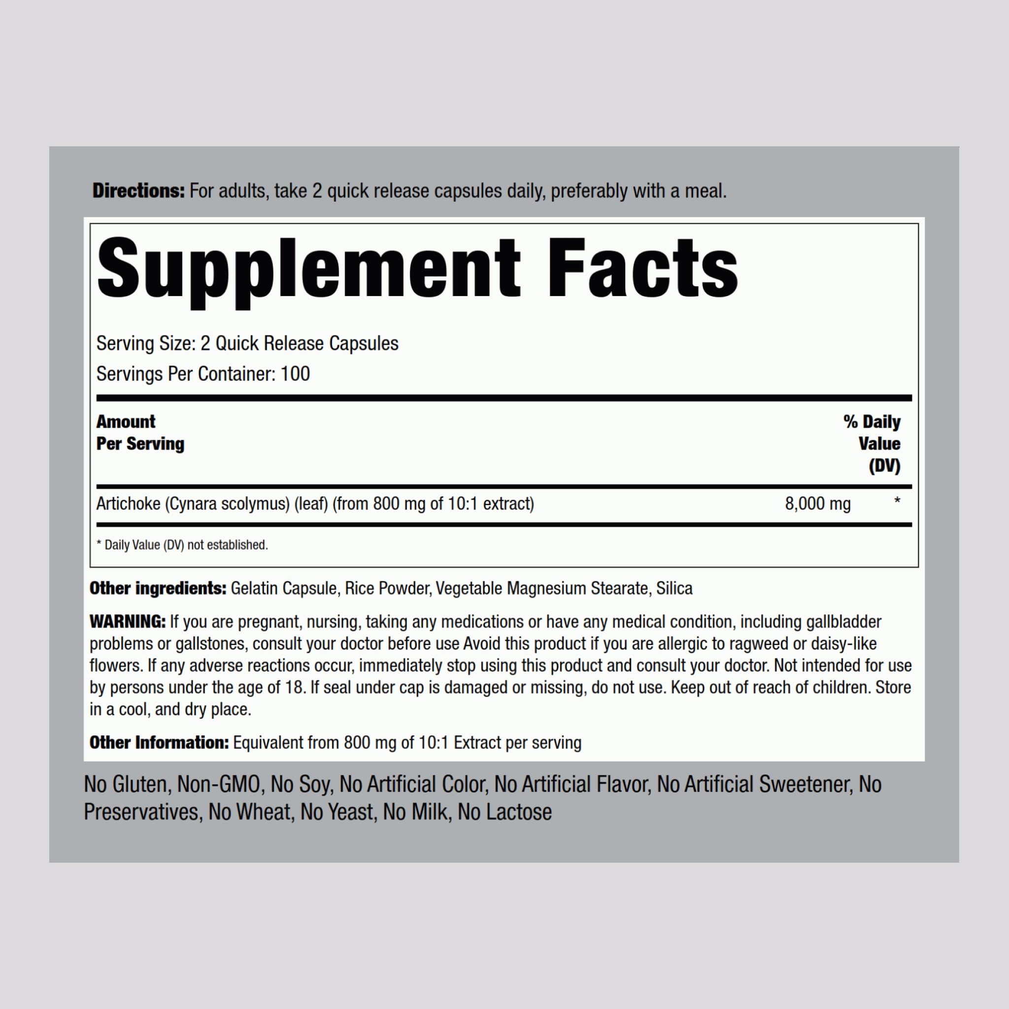 Piping Rock Artichoke Extract 155g Quick Release Capsules side view