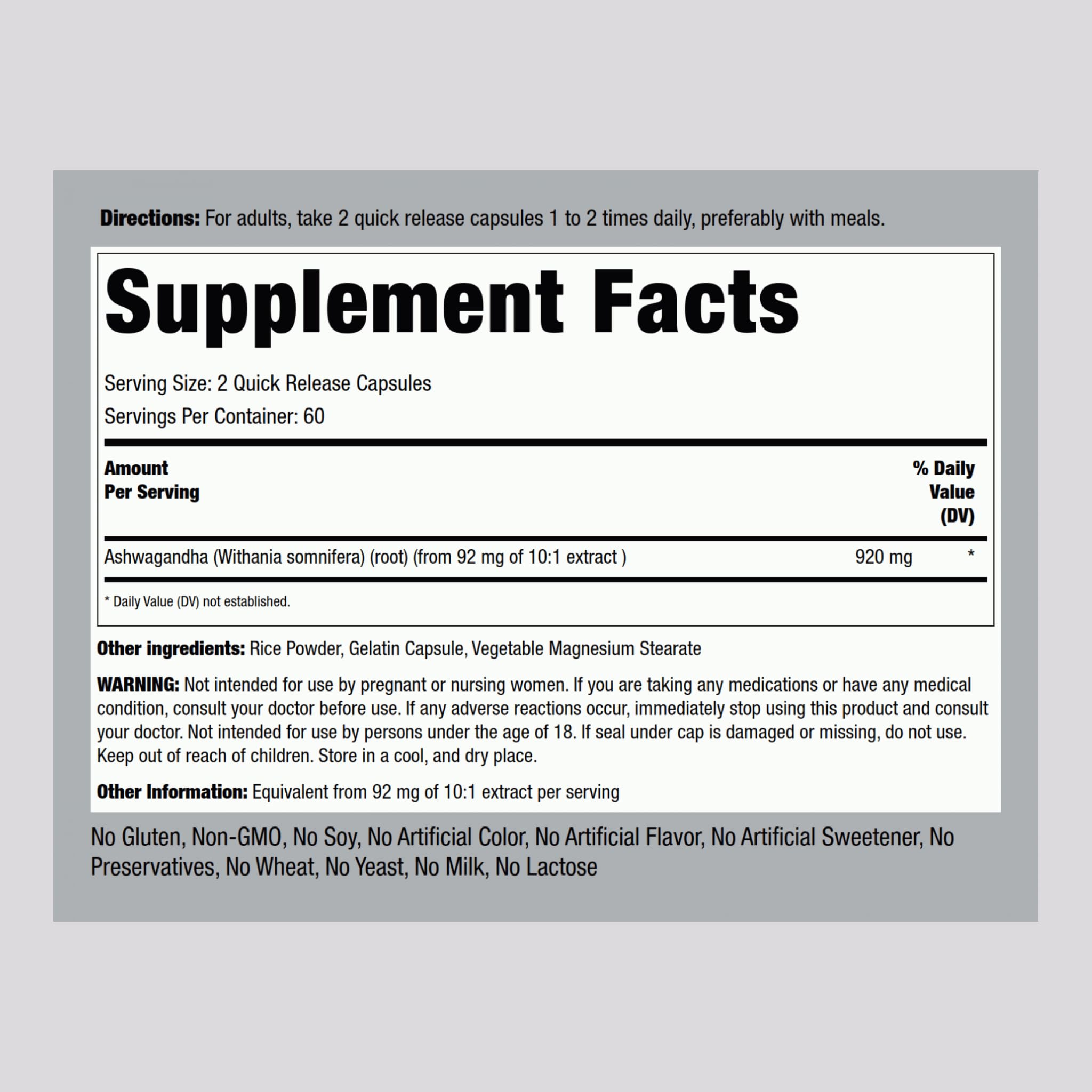 Piping Rock Ashwagandha Capsules side view showing dosage