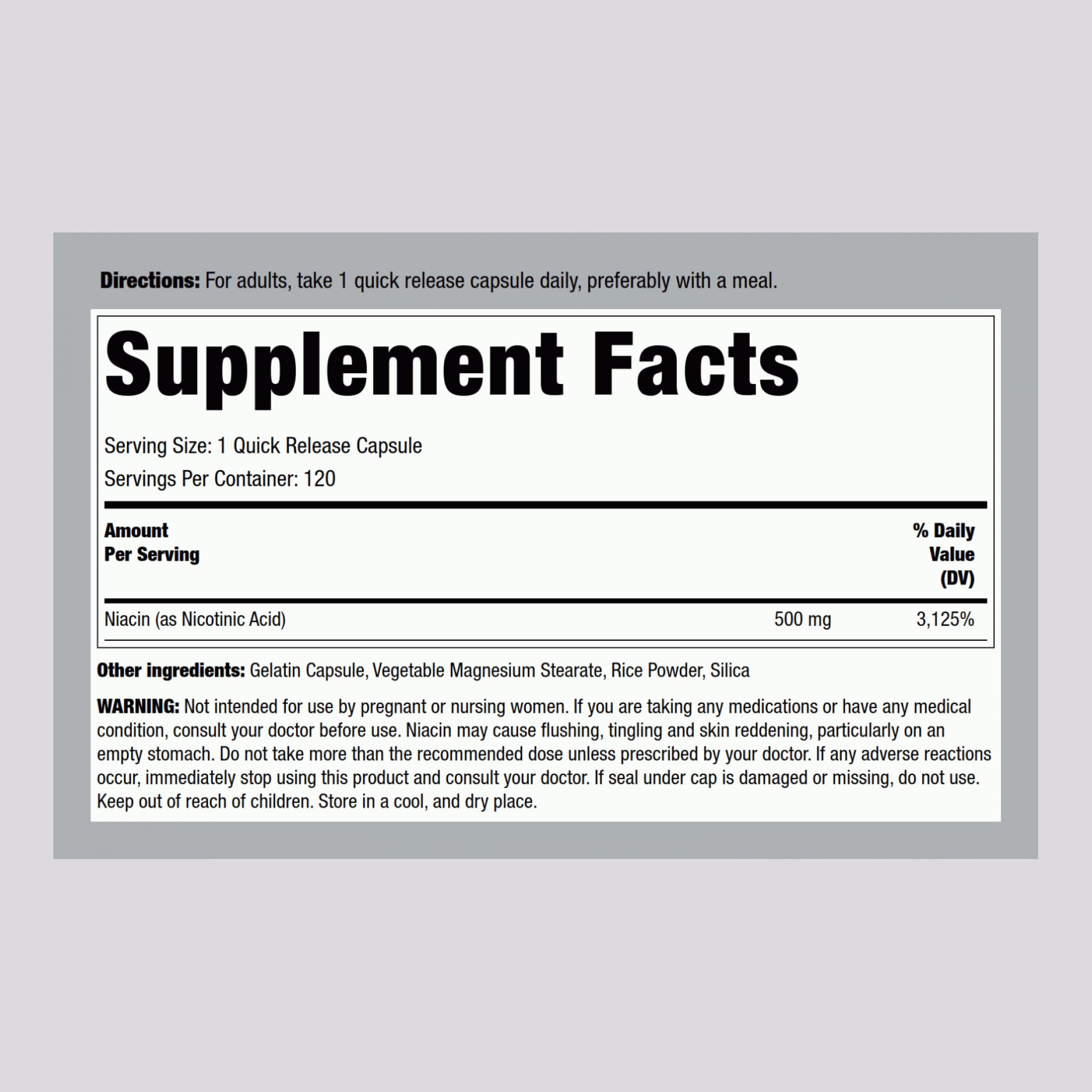 Piping Rock B3 (Niacin) 100g vegetarian tablets back view
