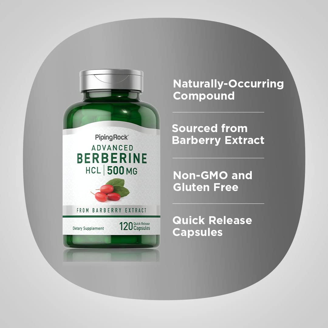 Piping Rock Berberine HCL 500mg capsules on a wooden table