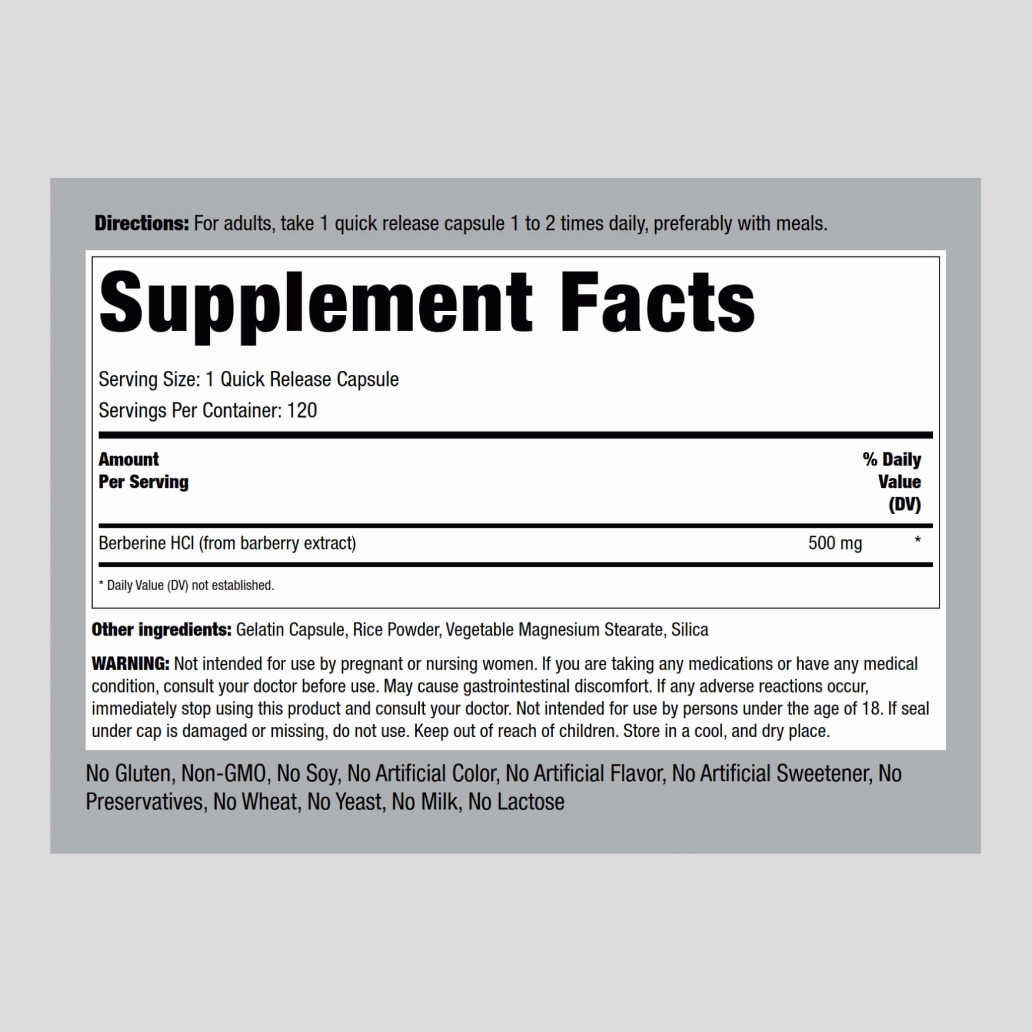 Piping Rock Berberine HCL 500mg capsules side view