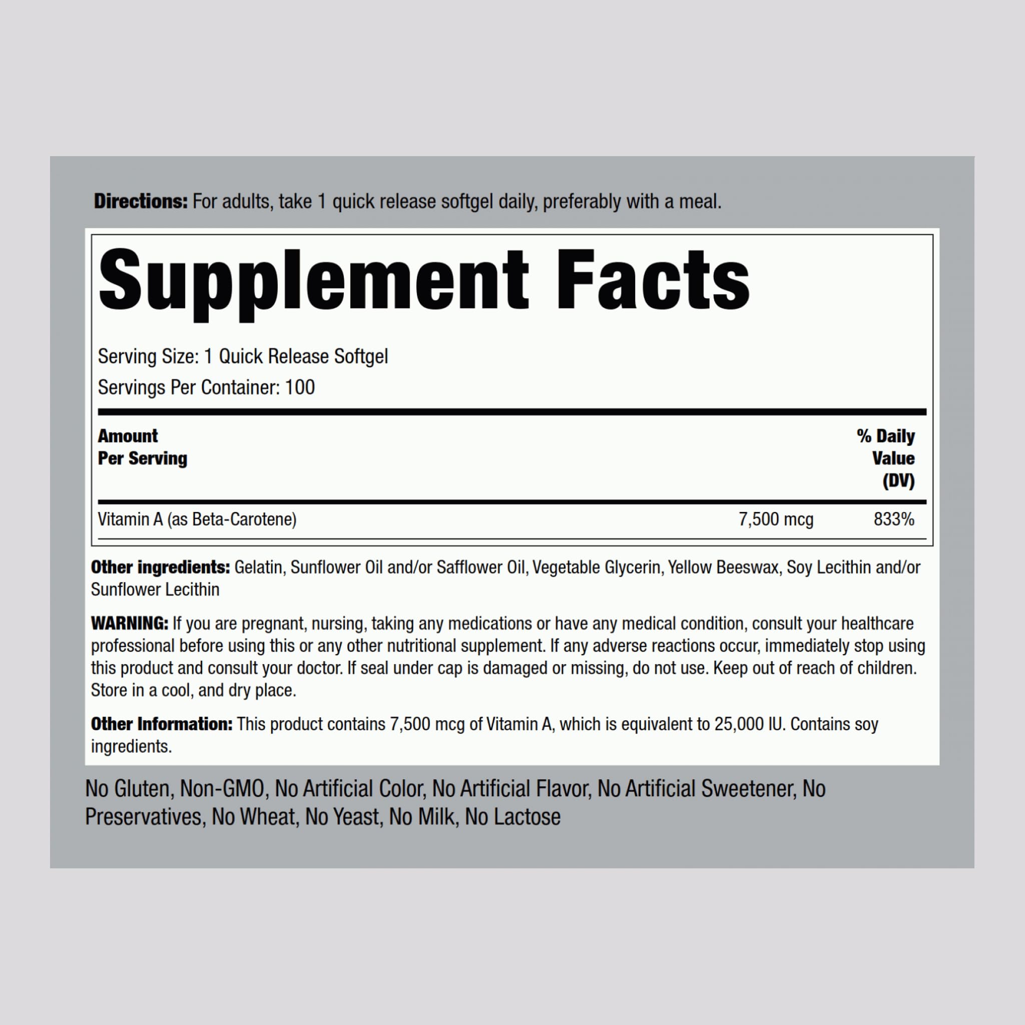 Piping Rock Beta Carotene 25,000 IU softgel capsules side view