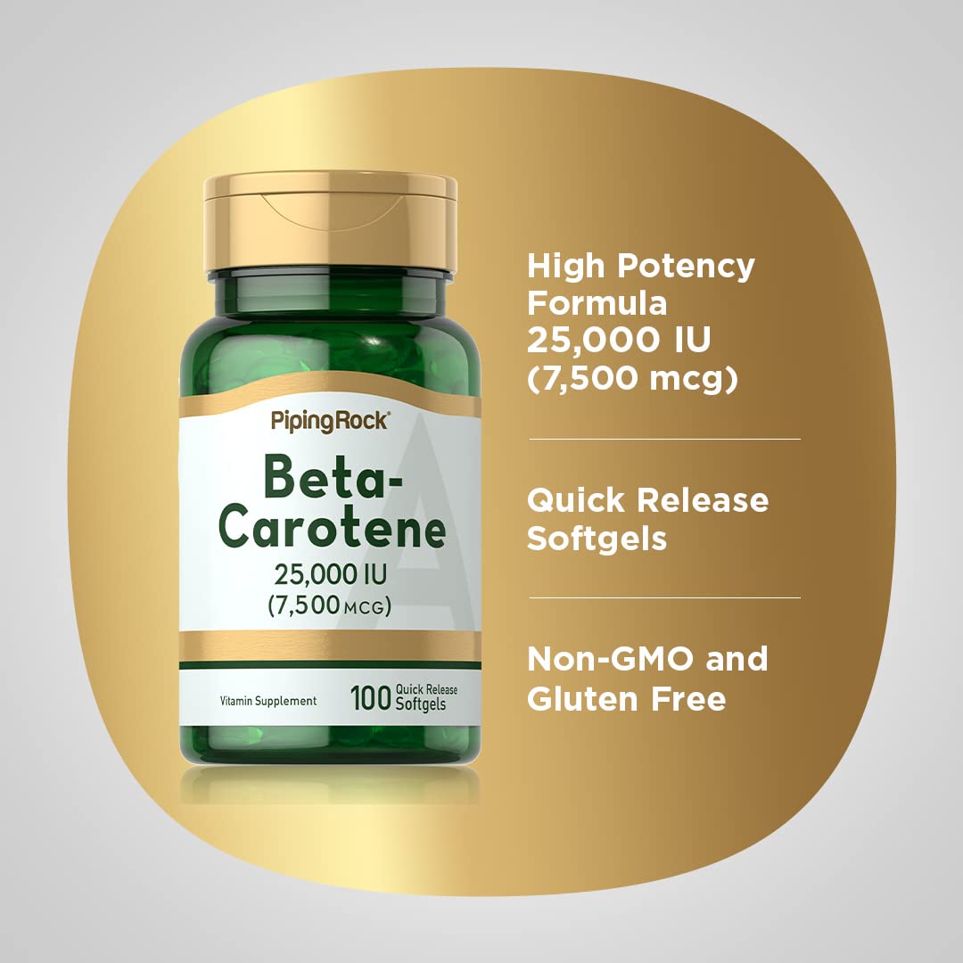 Piping Rock Beta Carotene 25,000 IU softgel capsules with measuring spoon