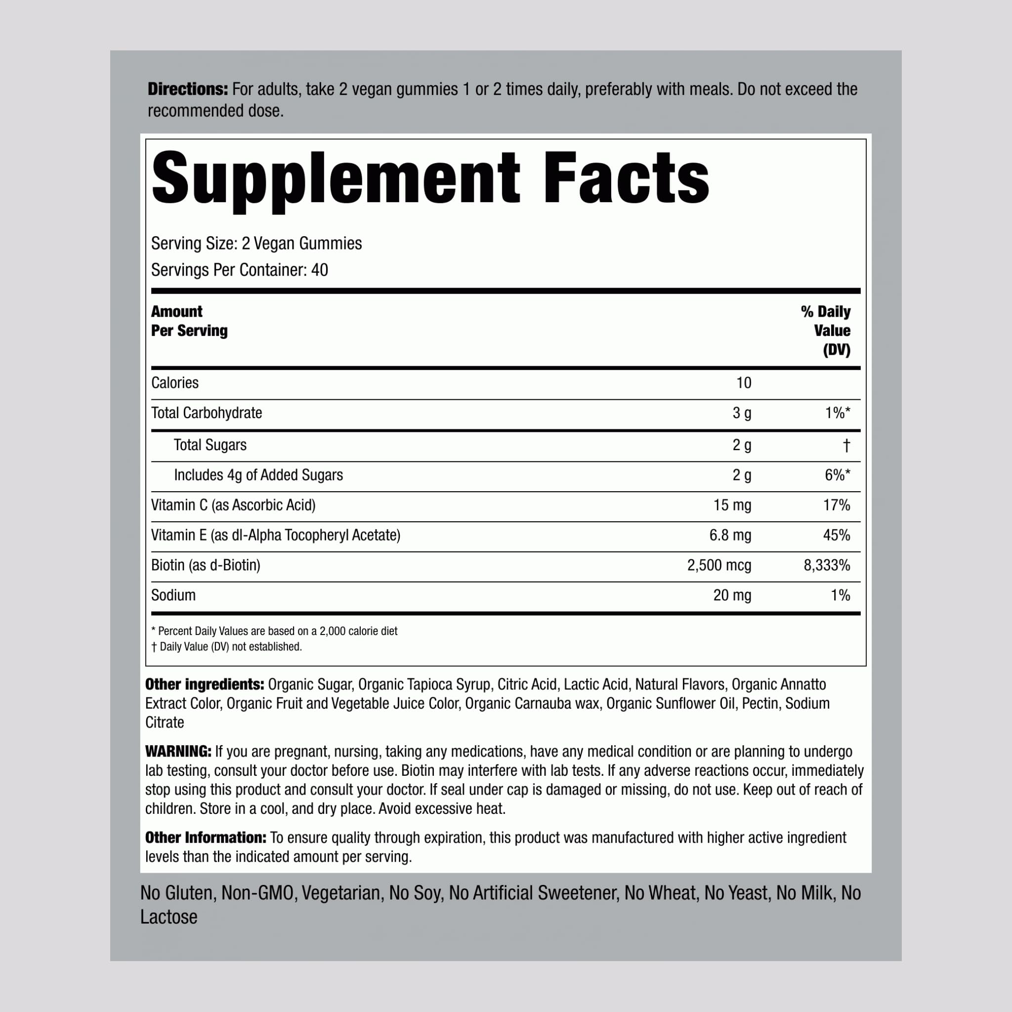 Piping Rock Biotin 181g supplement back view showing ingredients