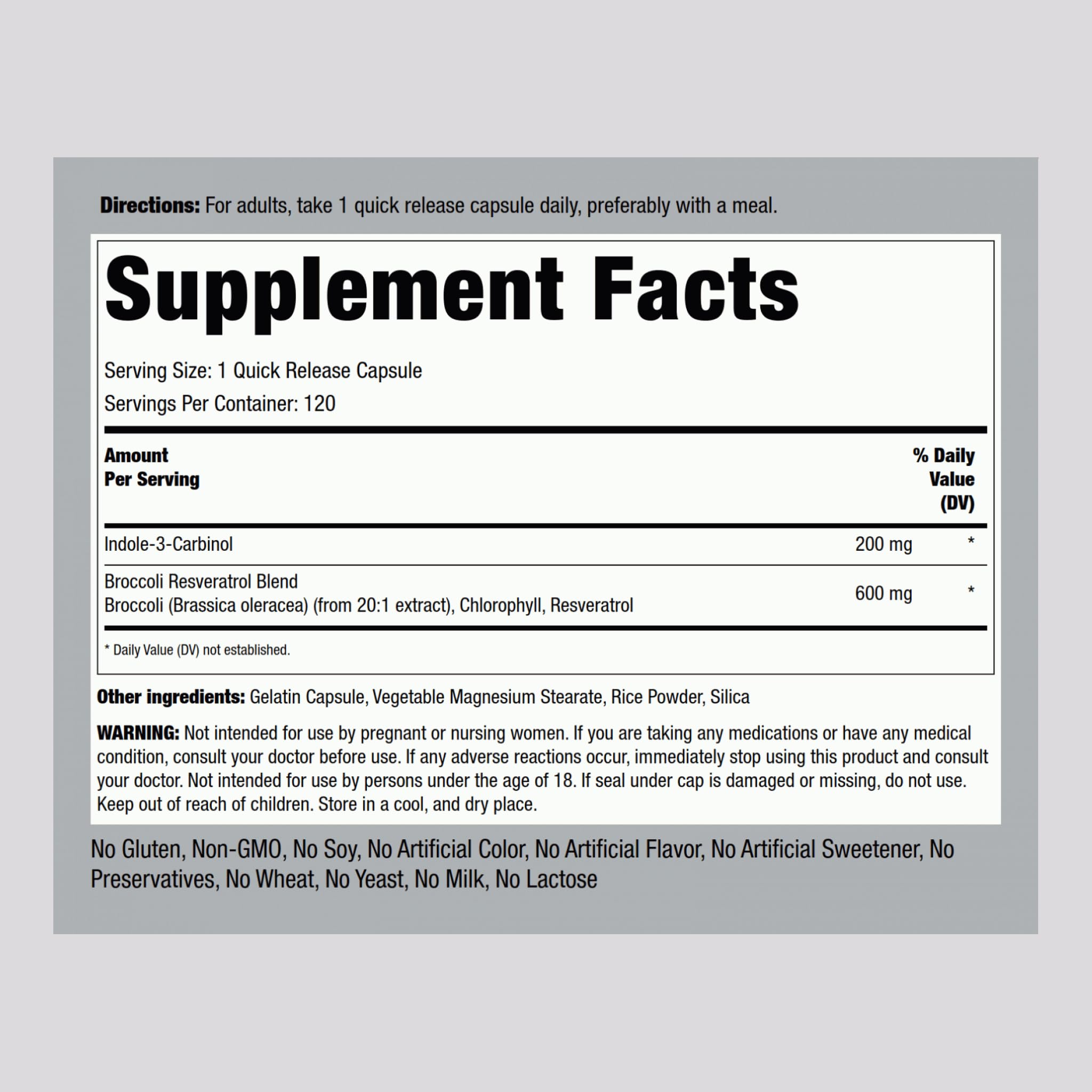 Piping Rock Broccoli & Resveratrol Blend supplement side view