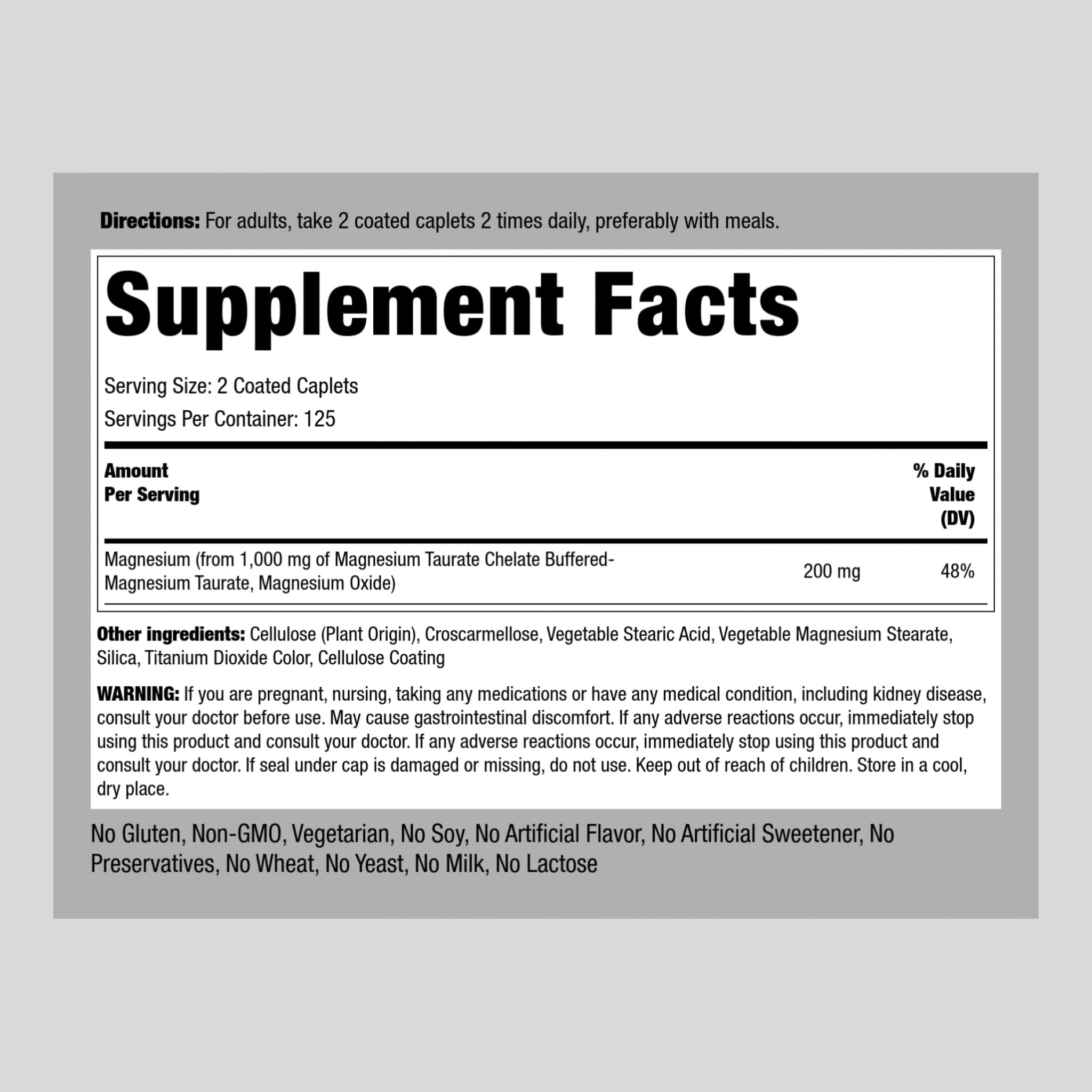 Piping Rock Buffered Magnesium Taurate 1000 mg caplets side view
