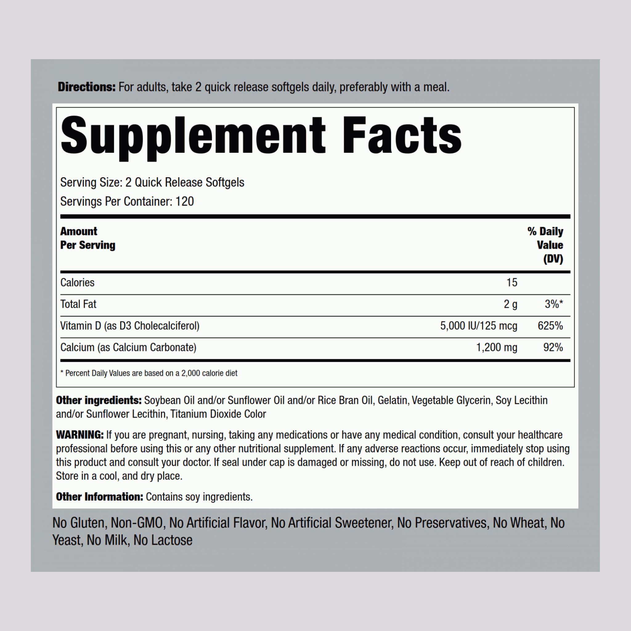 Piping Rock Calcium 1200 mg with Vitamin D softgel side view
