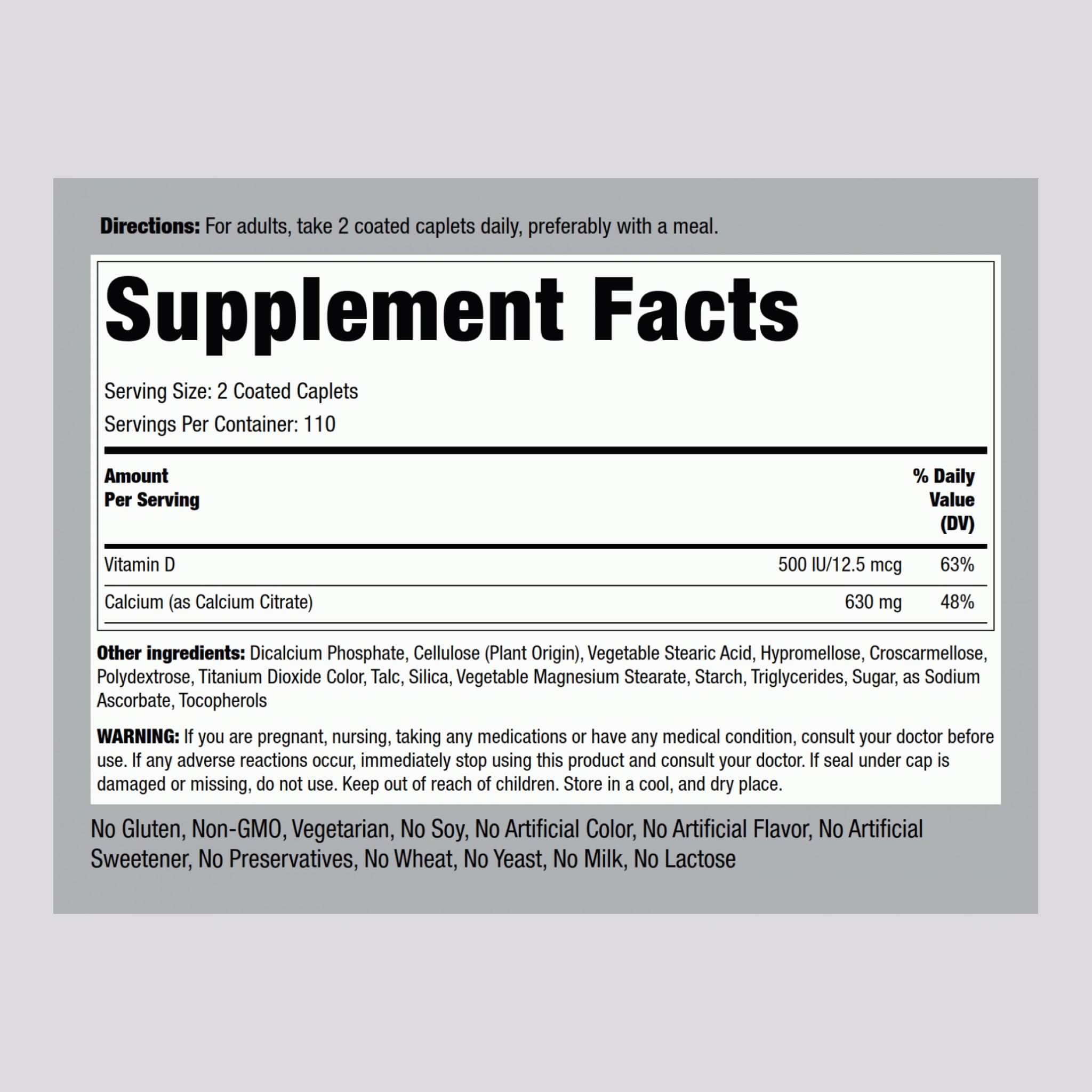Piping Rock Calcium Supplement 457g side view showing caplets