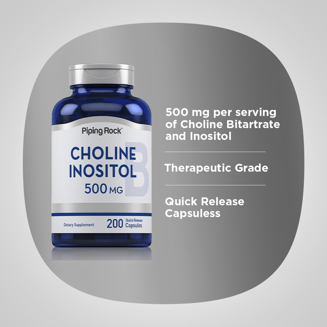 Piping Rock Choline Bitartrate & Inositol 500mg capsules on a wooden surface