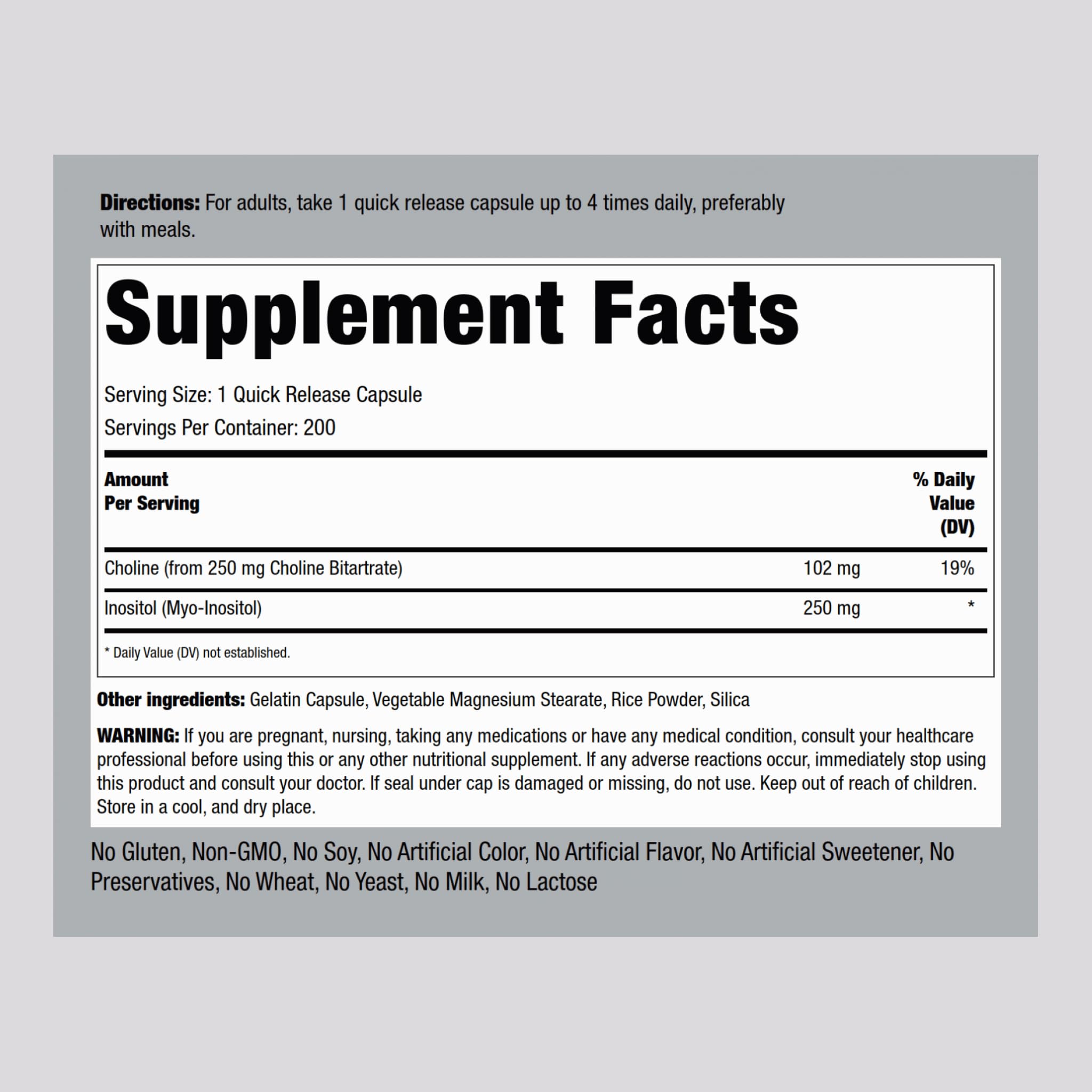 Piping Rock Choline Bitartrate & Inositol 500mg capsules side view