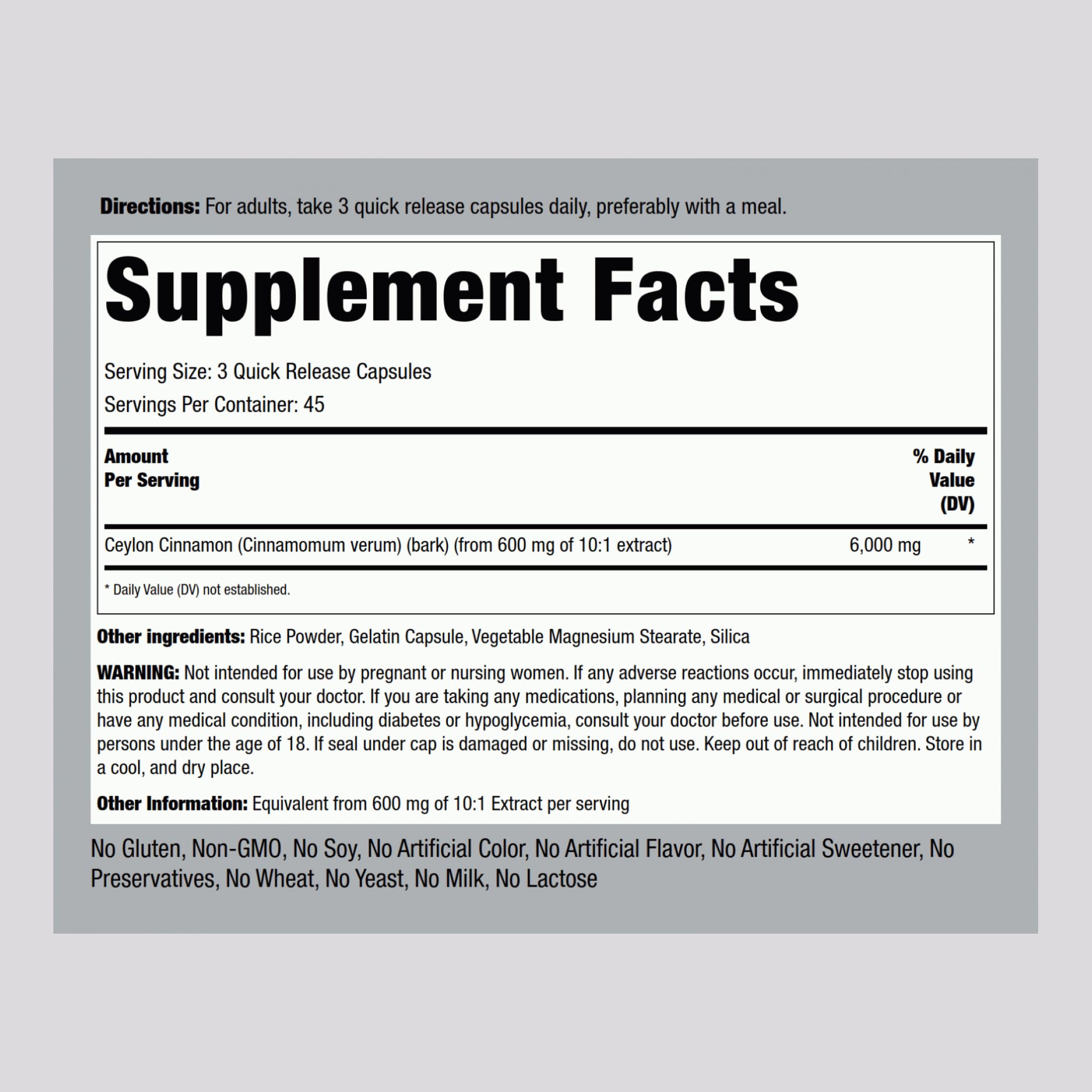 Piping Rock Cinnamon Extract 132g bottle side view