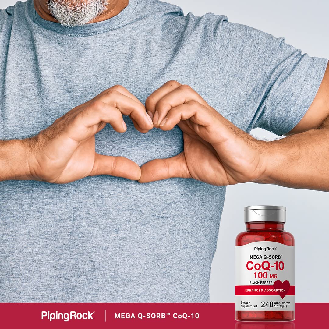 Piping Rock Coenzyme Q-10 100mg softgels on a wooden surface