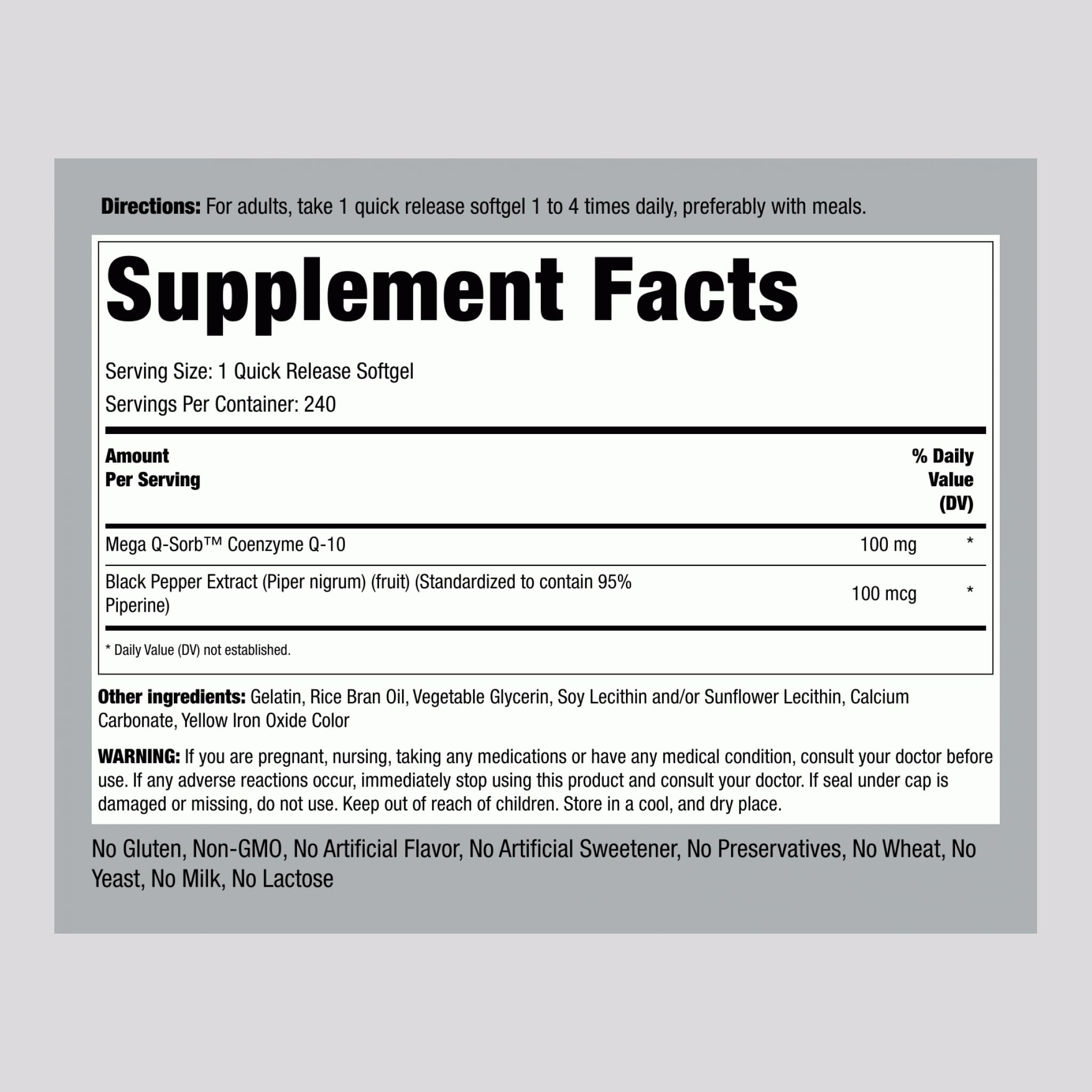 Piping Rock Coenzyme Q-10 100mg softgels side view