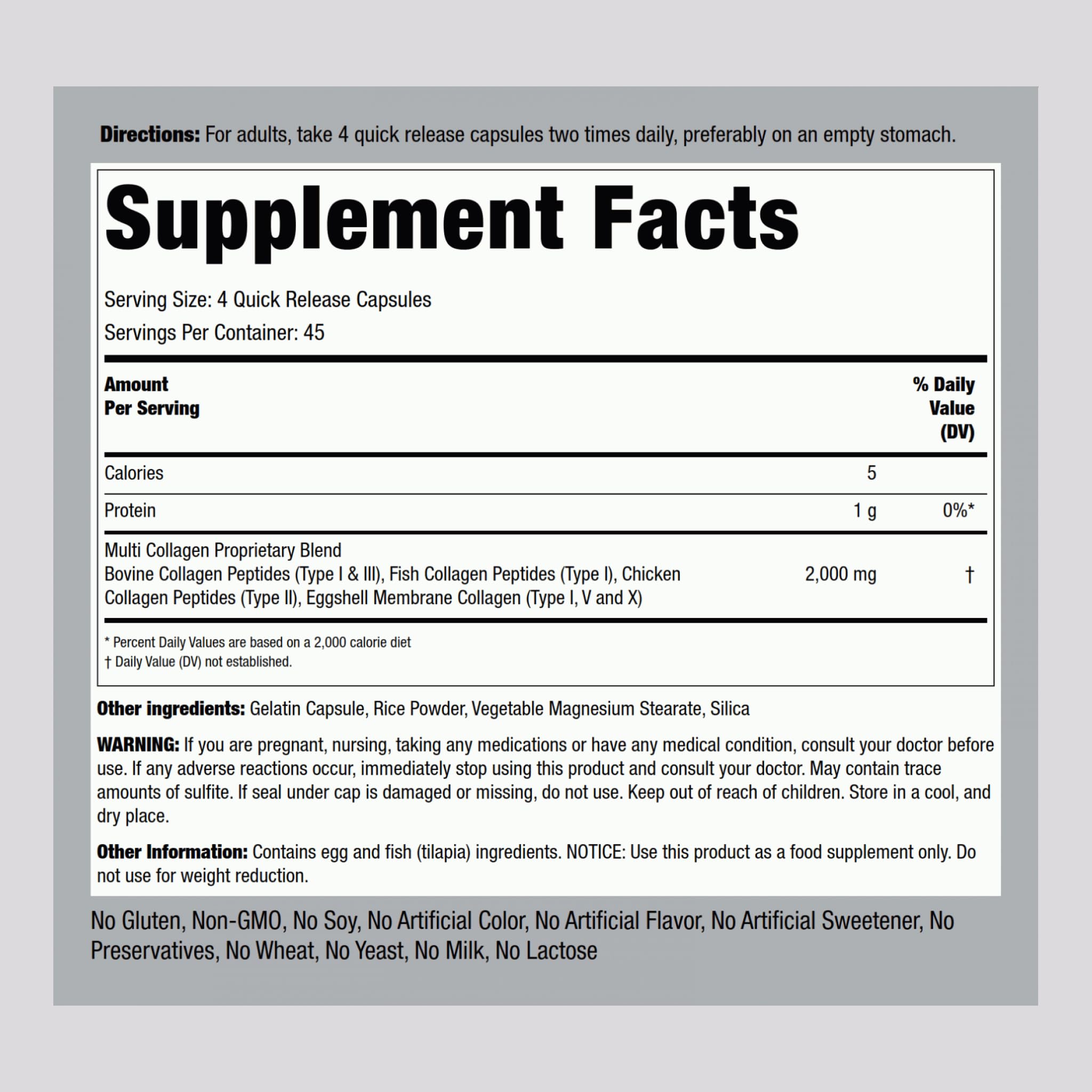 Piping Rock Collagen Complex 2000mg capsules side view