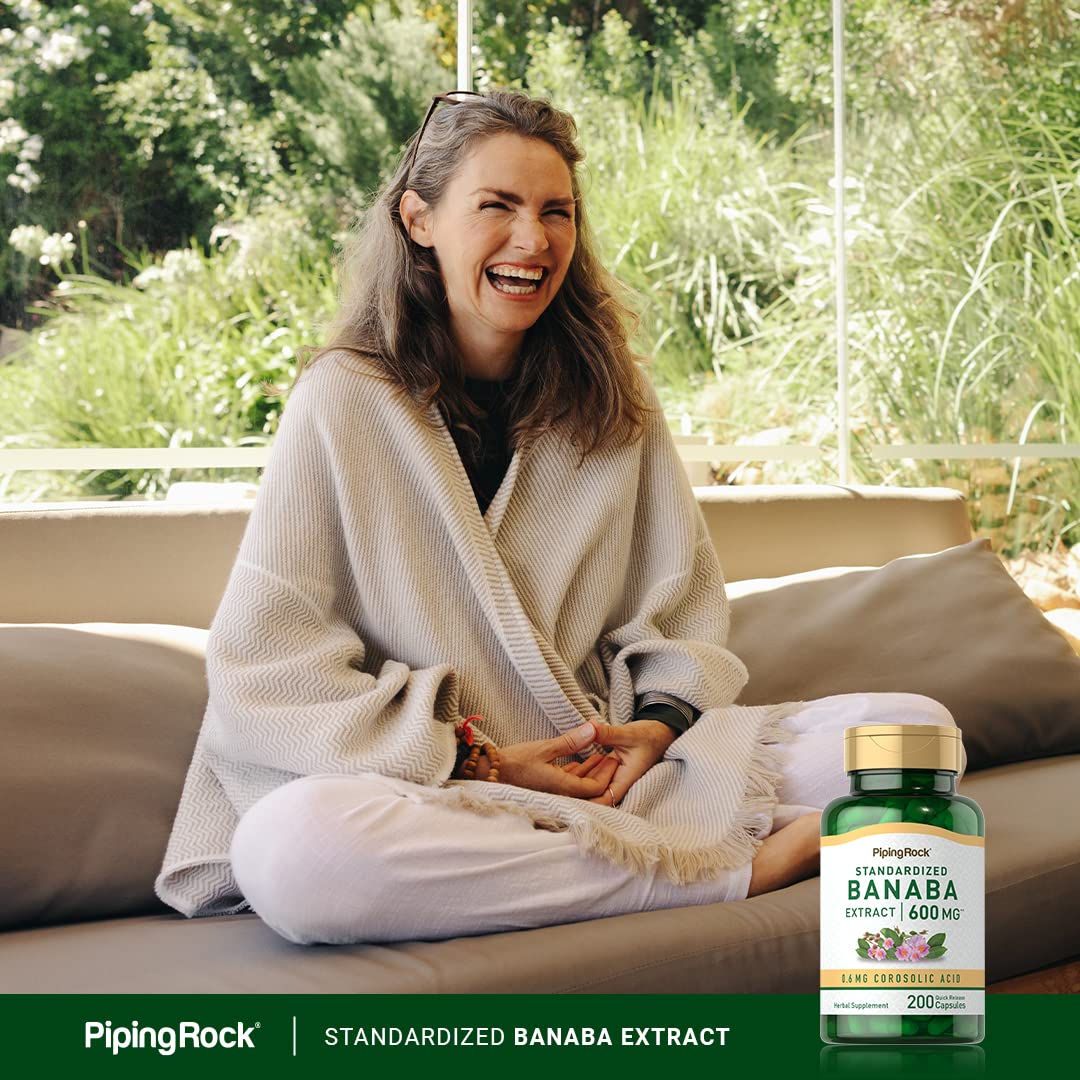 Piping Rock Corosolic Acid 0.6 mg capsules on a wooden surface