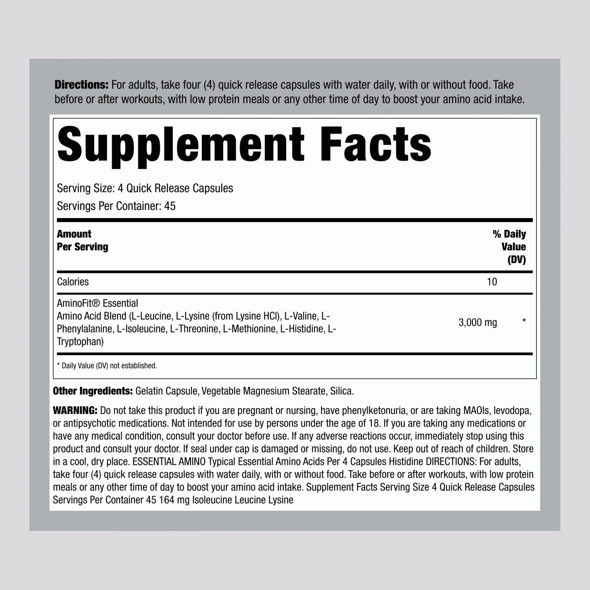 Piping Rock EAA & BCAA Supplement 3000mg capsule bottle side view