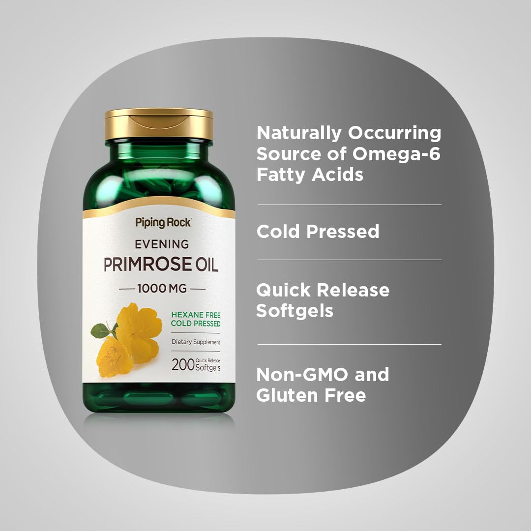Piping Rock Evening Primrose Oil capsules in hand