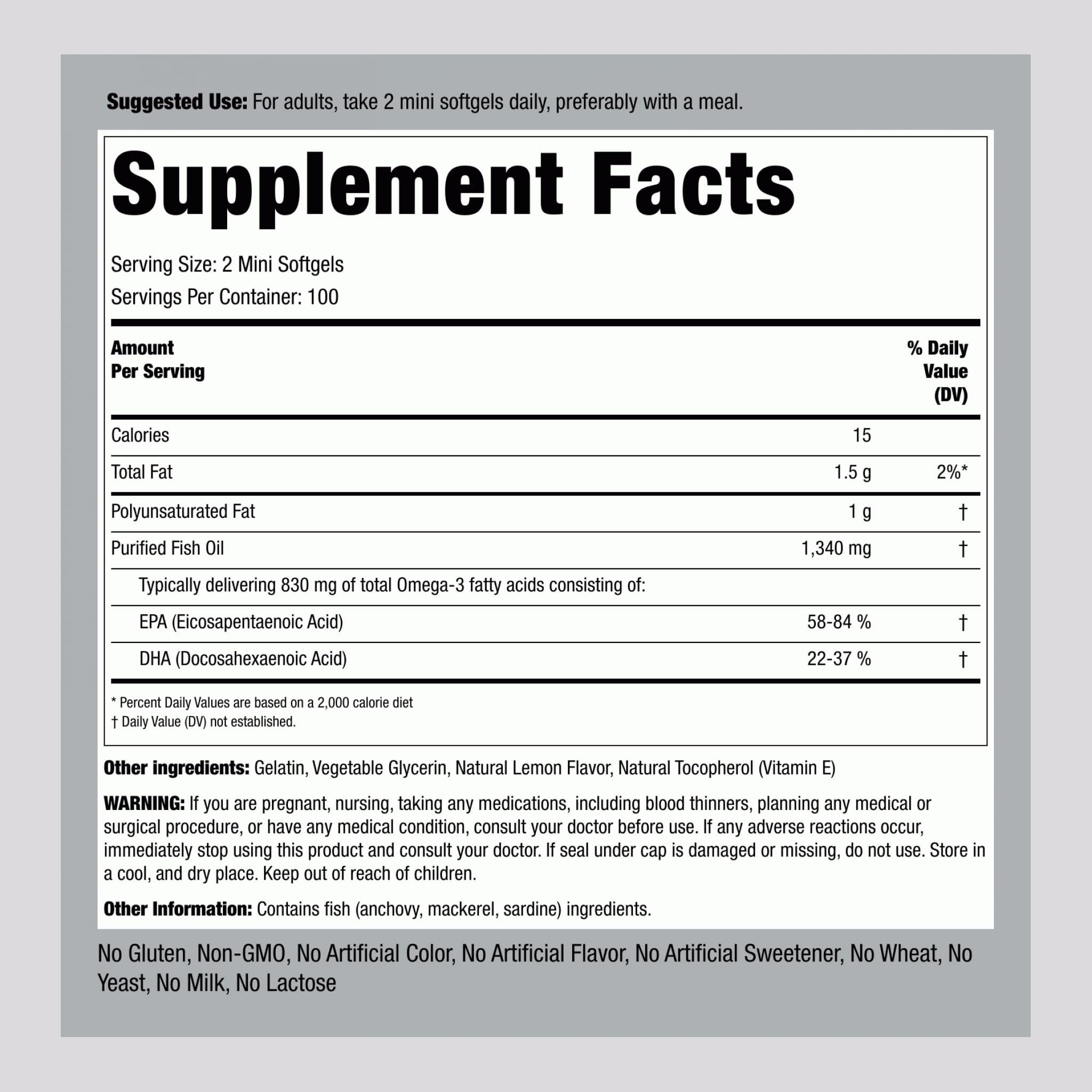 Piping Rock Fish Oil Mini Softgels back view showing ingredients