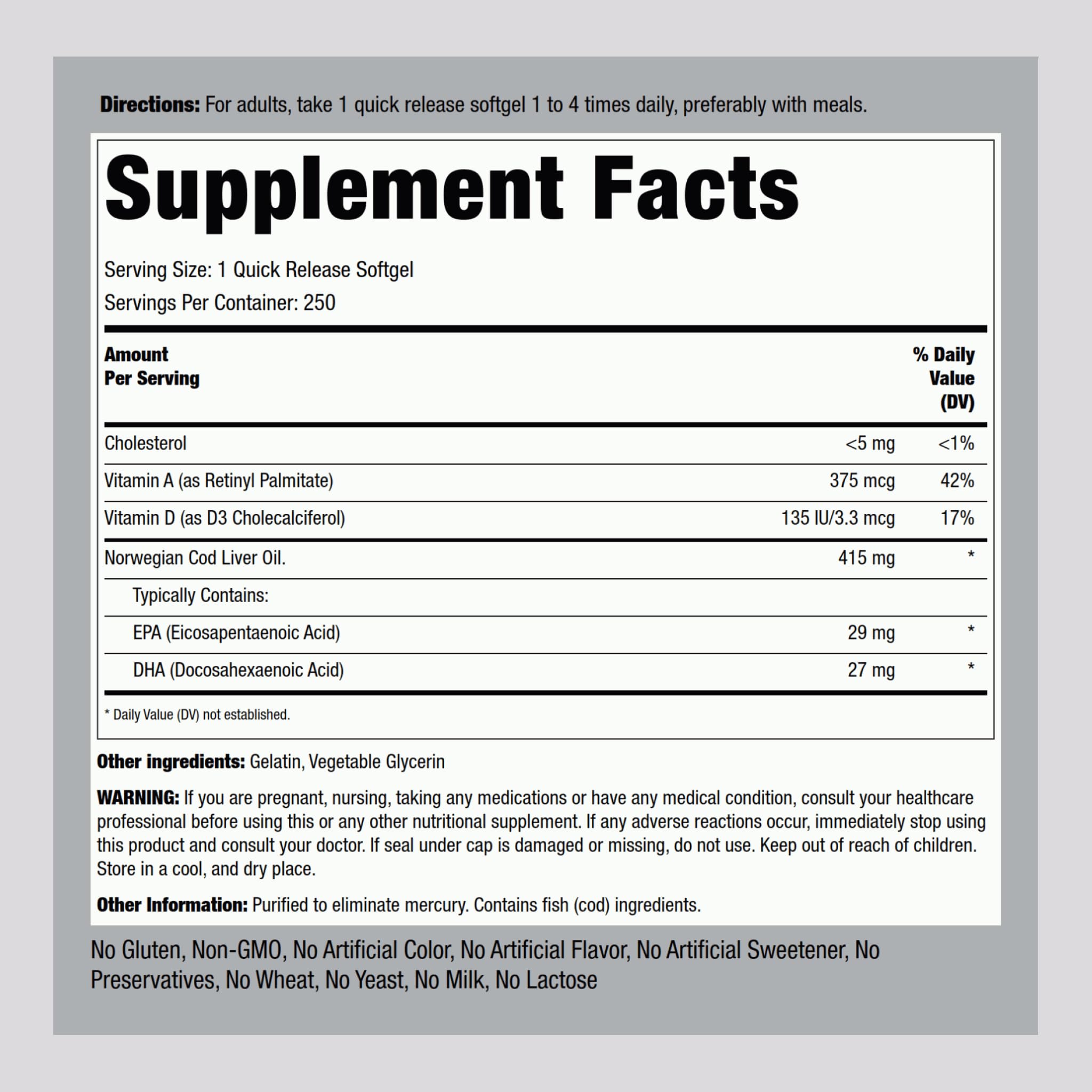 Piping Rock Fish Oil Soft Gels 200g back view with nutritional information