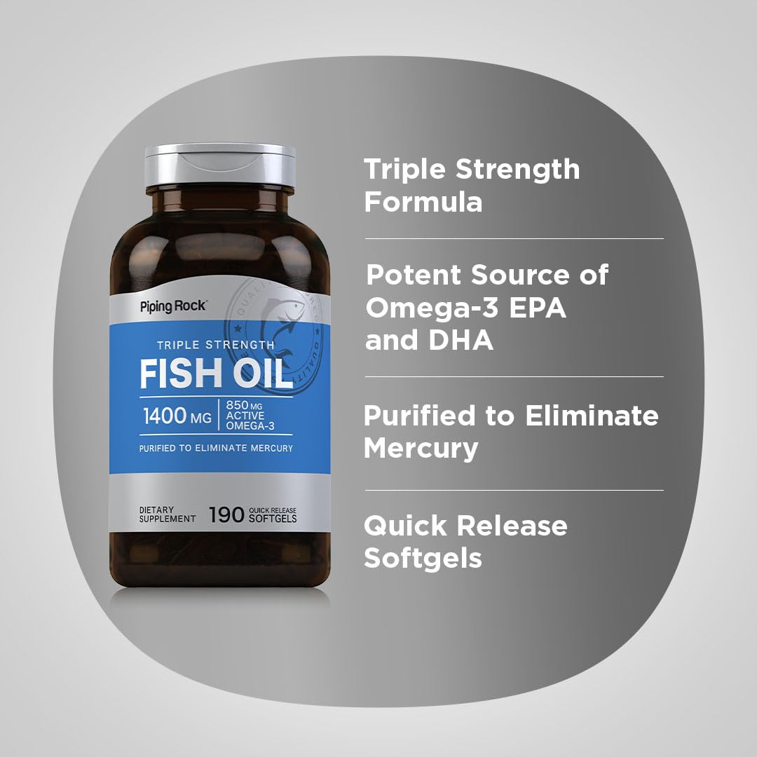 Piping Rock Fish Oil Triple Strength 1,400 mg bottle with dosage information