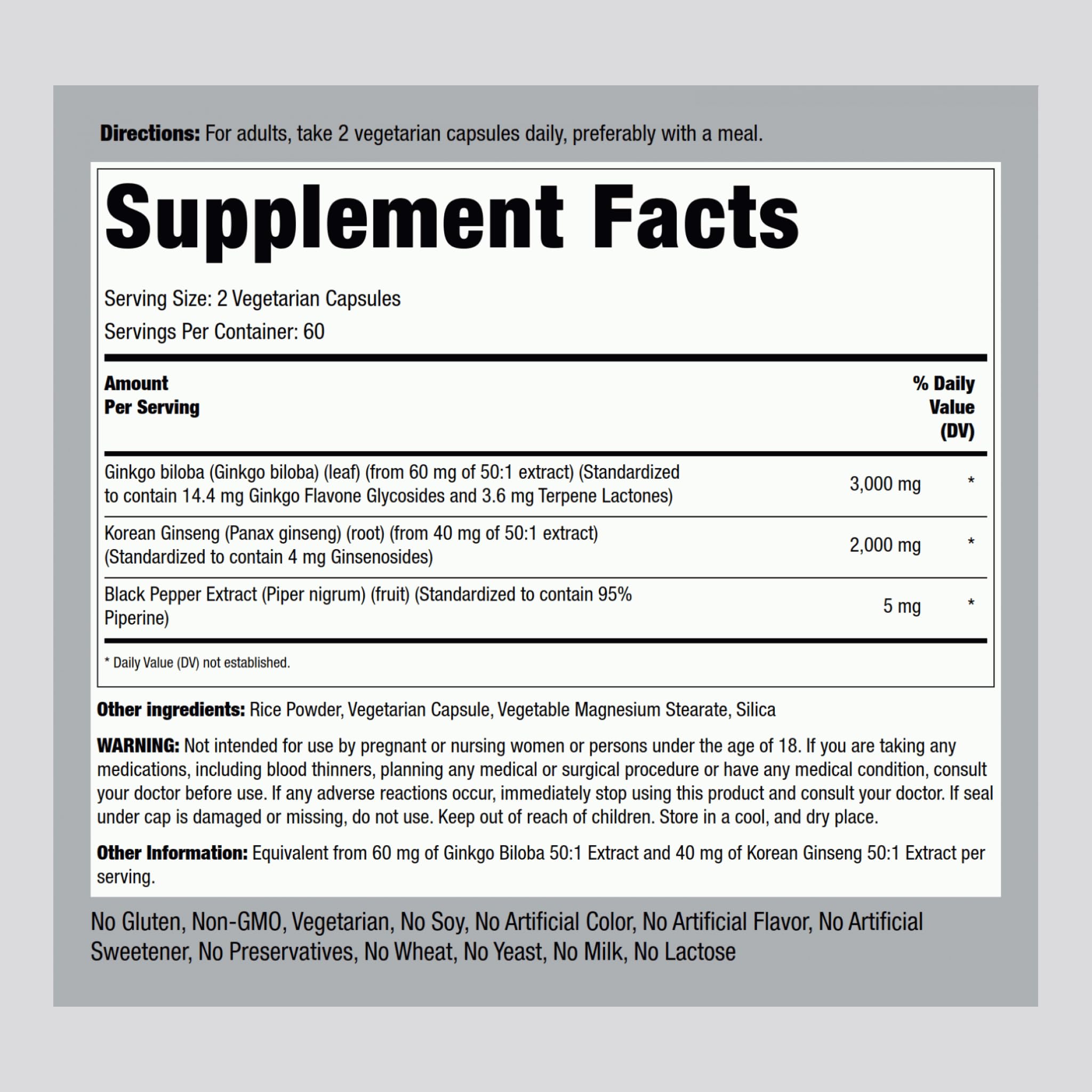 Piping Rock Ginkgo Biloba 75g capsule bottle side view