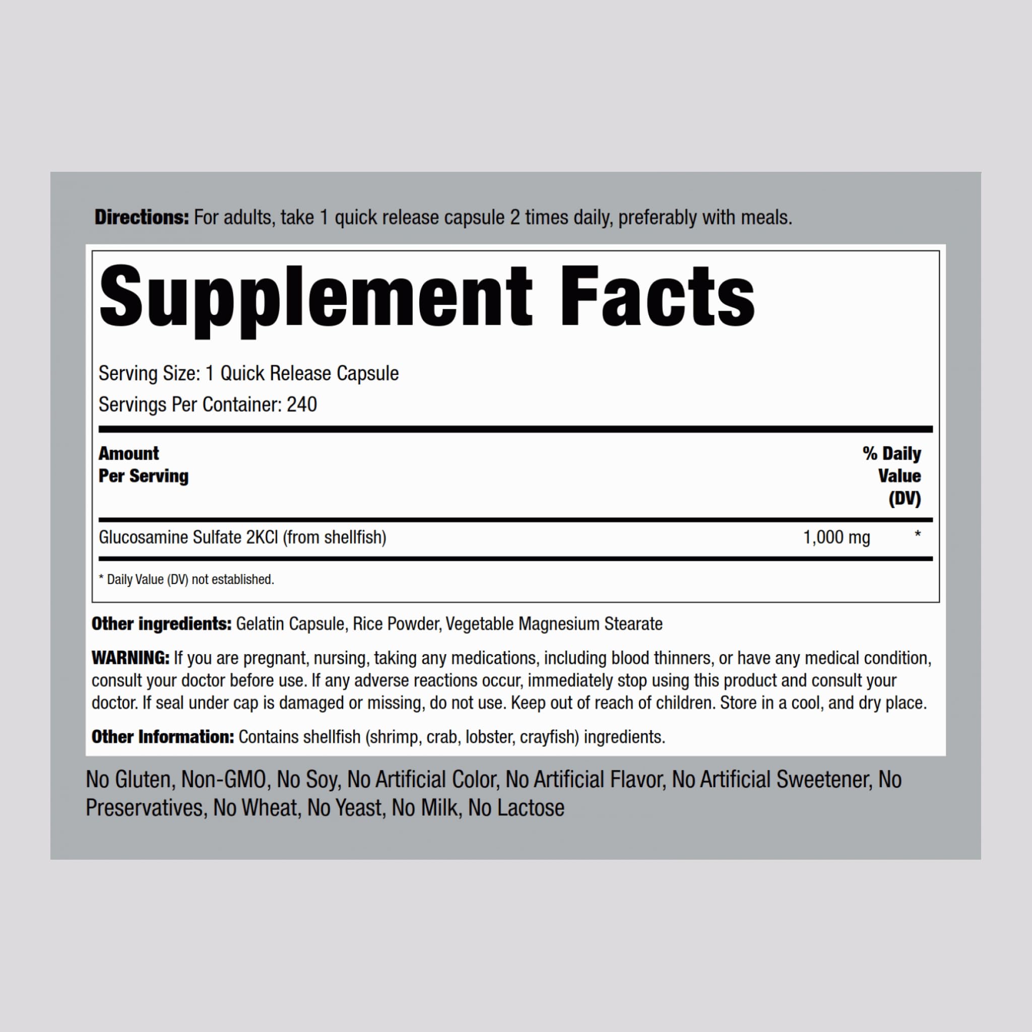 Piping Rock Glucosamine Quick Release Capsules side view