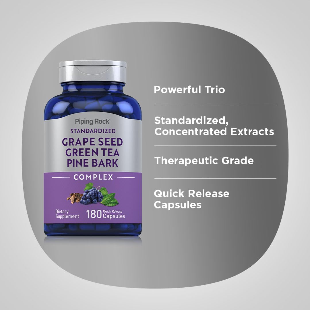 Piping Rock Grape Seed Extract 150mg capsules on a wooden surface