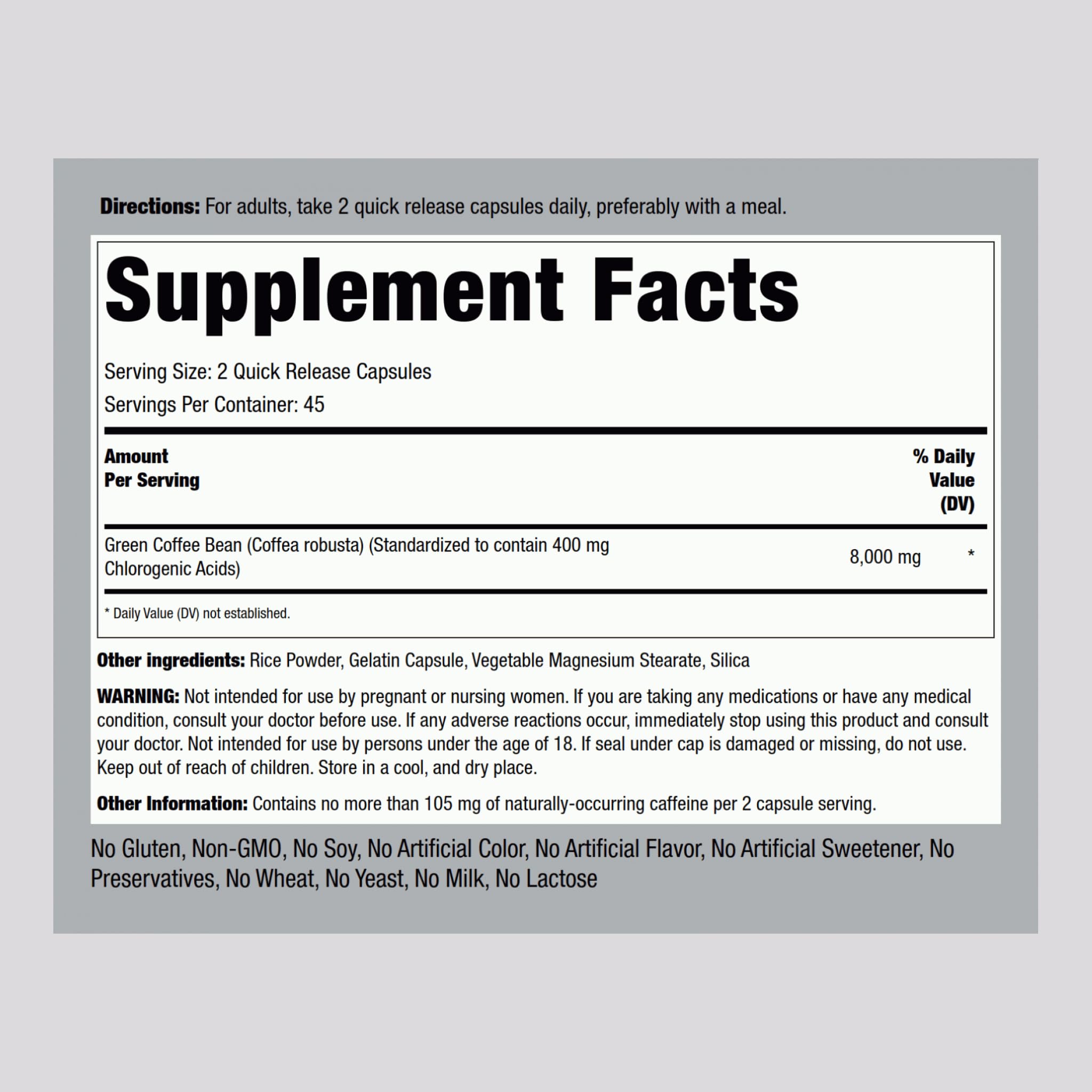 Piping Rock Green Coffee Bean Extract 73g side view